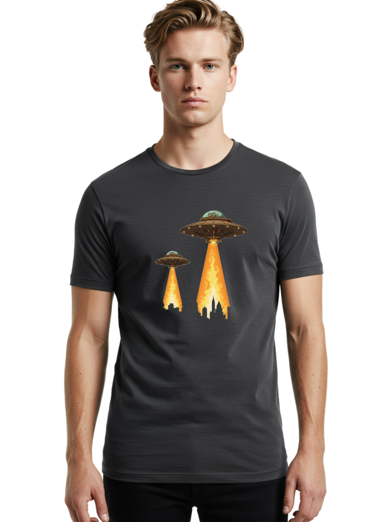 Ufos-Over-City-1 Men'S Graphic Tee, 100% Cotton, Comfortable Casual Summer Wear, Machine Washable, Ufos Hovering Over City, Flying Saucers, Alien Invasion, Extraterrestrial Life, Science Fiction, Futuristic, Cityscape, Mysterious Atmosphere, Bac539