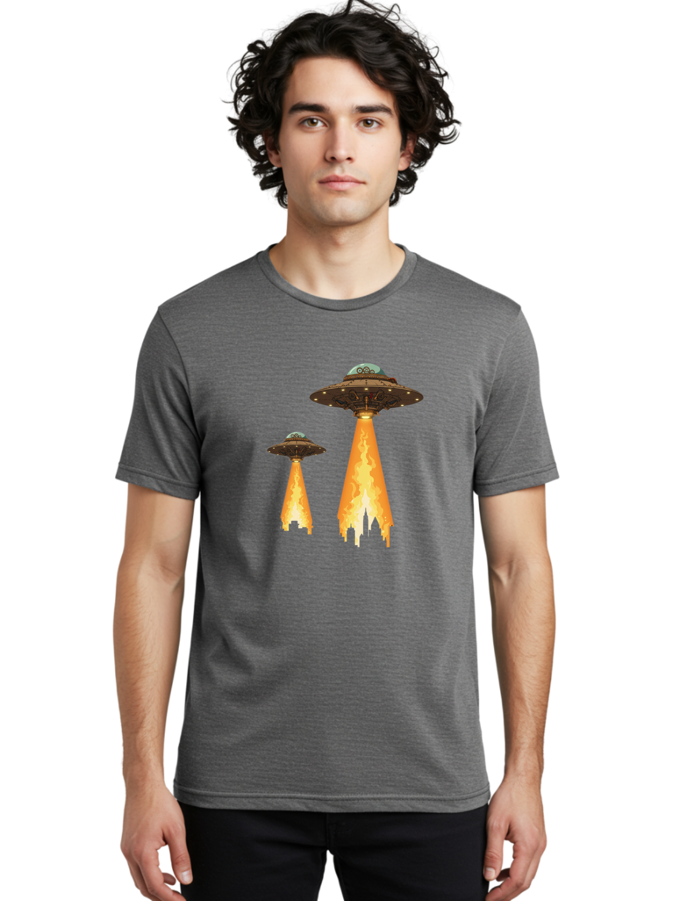 Ufos-Over-City-1 Men'S Graphic Tee, 100% Cotton, Comfortable Casual Summer Wear, Machine Washable, Ufos Hovering Over City, Flying Saucers, Alien Invasion, Extraterrestrial Life, Science Fiction, Futuristic, Cityscape, Mysterious Atmosphere, Bac539