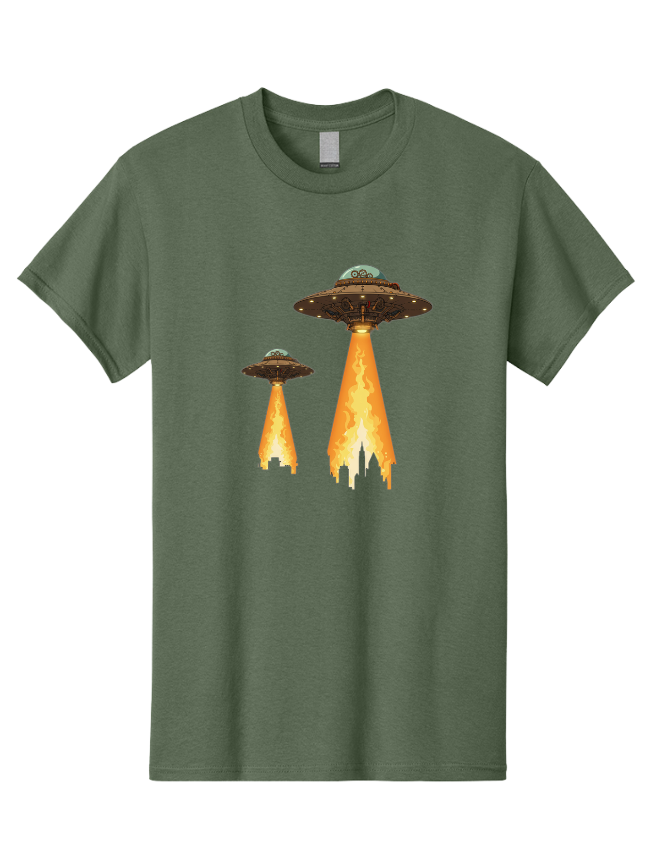 Ufos-Over-City-1 Men'S Graphic Tee, 100% Cotton, Comfortable Casual Summer Wear, Machine Washable, Ufos Hovering Over City, Flying Saucers, Alien Invasion, Extraterrestrial Life, Science Fiction, Futuristic, Cityscape, Mysterious Atmosphere, Bac539