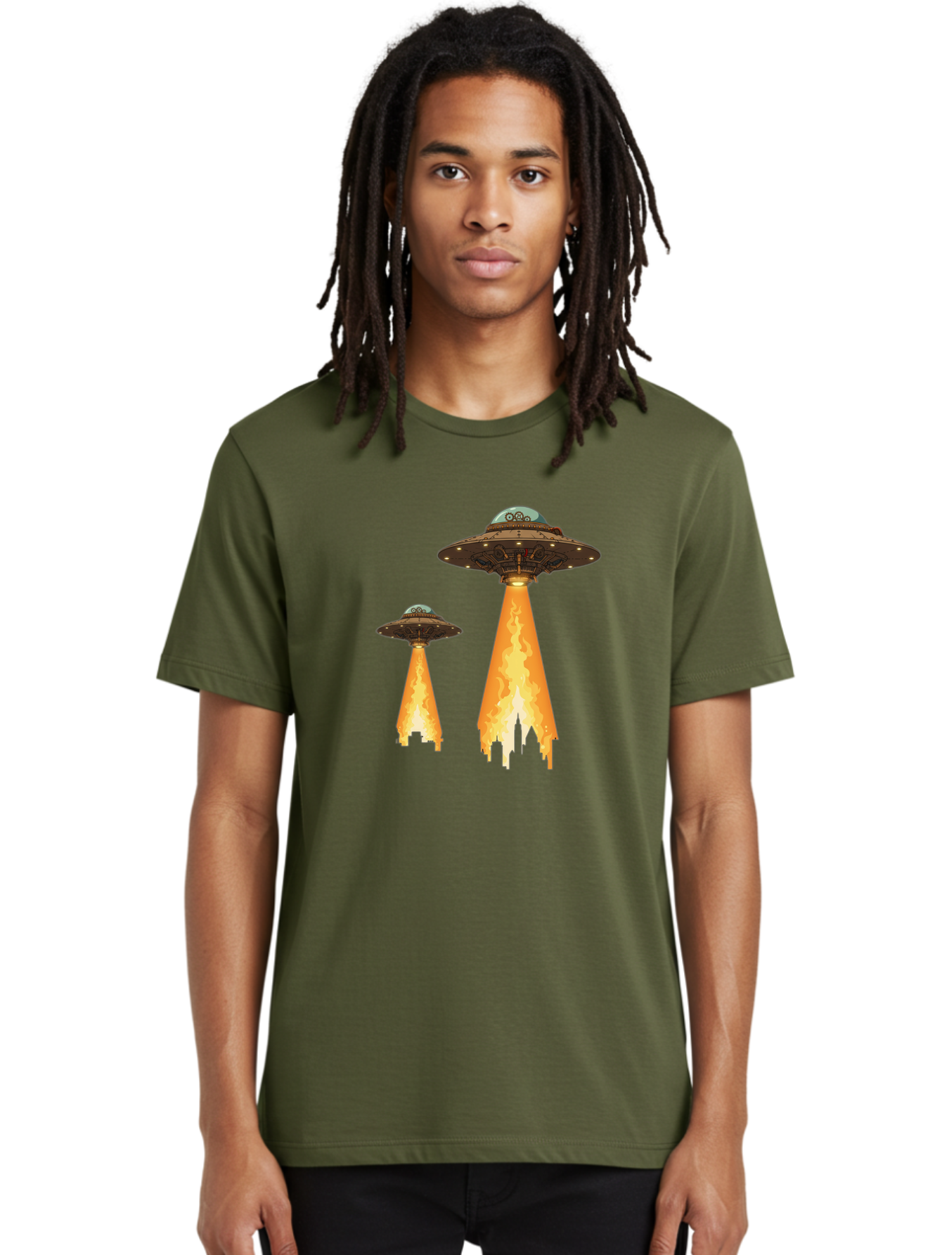Ufos-Over-City-1 Men'S Graphic Tee, 100% Cotton, Comfortable Casual Summer Wear, Machine Washable, Ufos Hovering Over City, Flying Saucers, Alien Invasion, Extraterrestrial Life, Science Fiction, Futuristic, Cityscape, Mysterious Atmosphere, Bac539