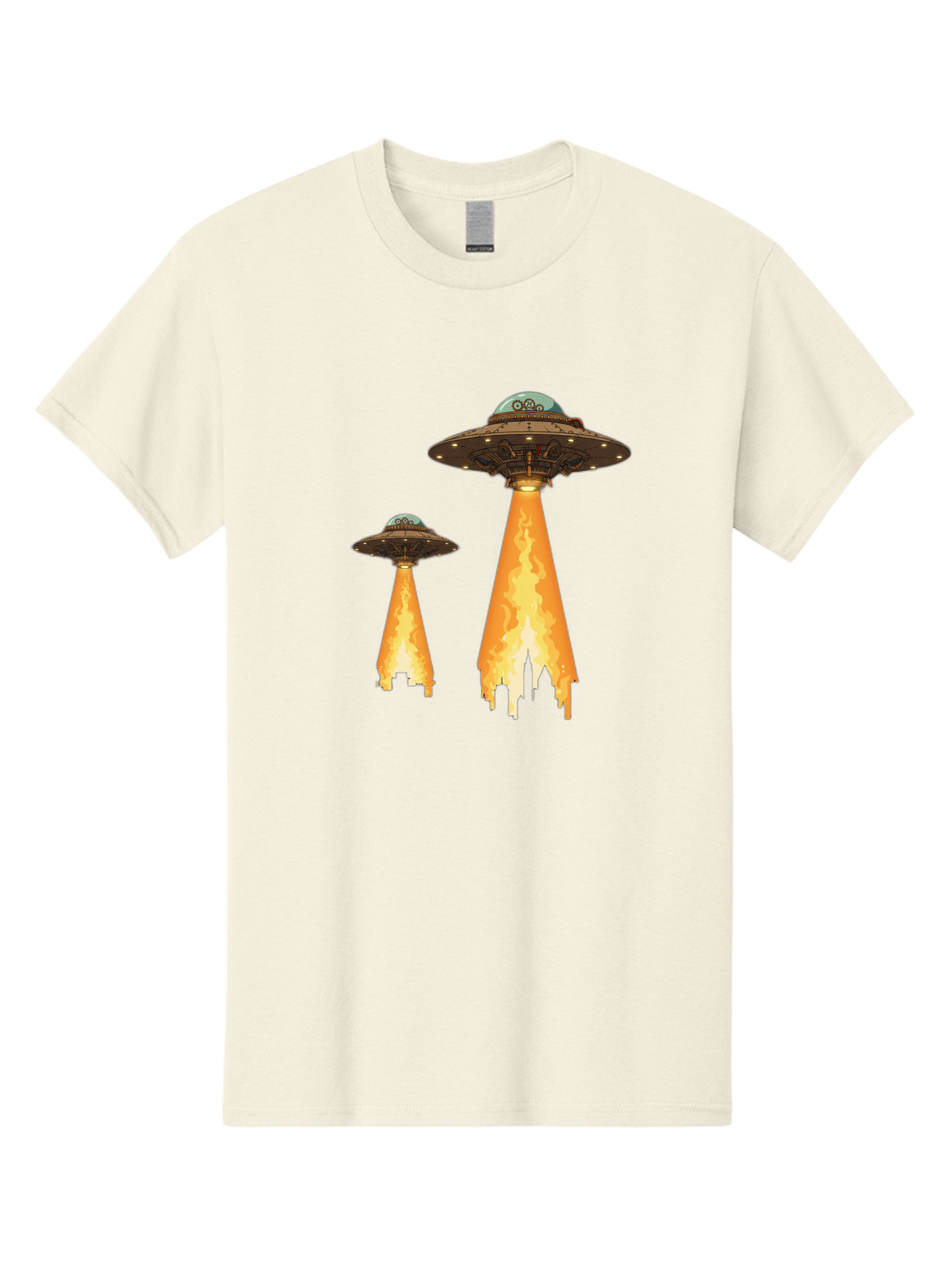 Ufos-Over-City-1 Men'S Graphic Tee, 100% Cotton, Comfortable Casual Summer Wear, Machine Washable, Ufos Hovering Over City, Flying Saucers, Alien Invasion, Extraterrestrial Life, Science Fiction, Futuristic, Cityscape, Mysterious Atmosphere, Bac539