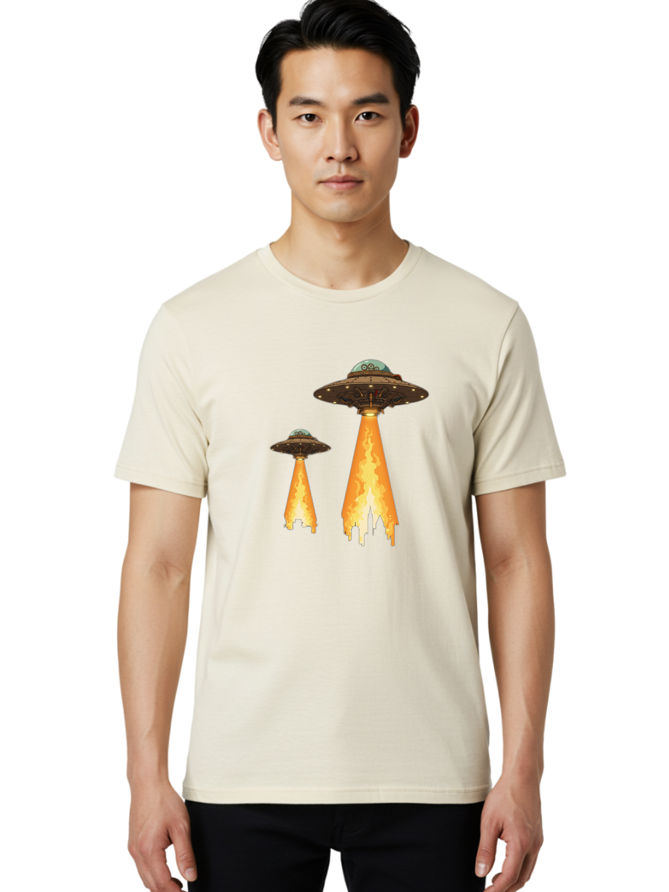 Ufos-Over-City-1 Men'S Graphic Tee, 100% Cotton, Comfortable Casual Summer Wear, Machine Washable, Ufos Hovering Over City, Flying Saucers, Alien Invasion, Extraterrestrial Life, Science Fiction, Futuristic, Cityscape, Mysterious Atmosphere, Bac539