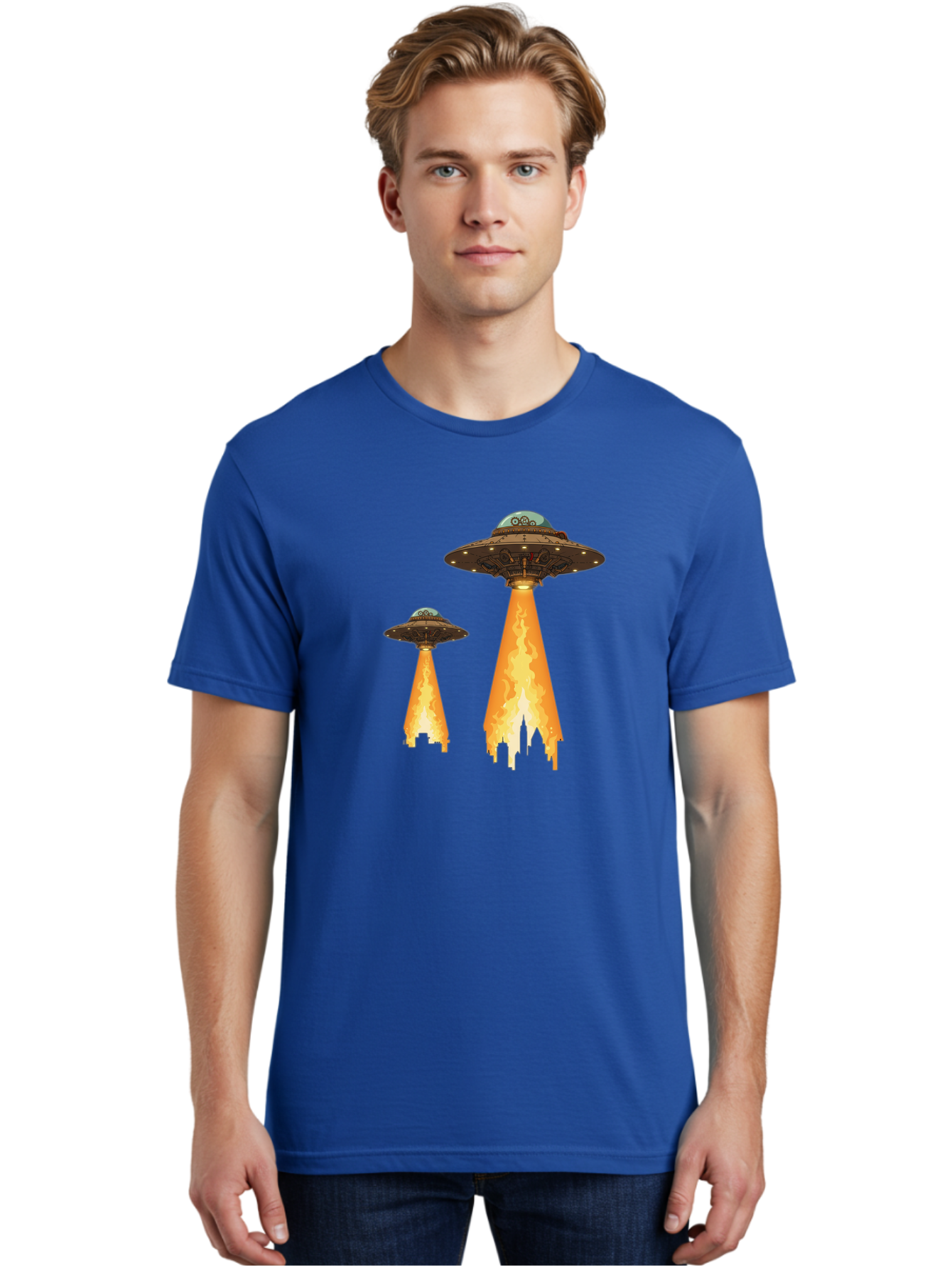 Ufos-Over-City-1 Men'S Graphic Tee, 100% Cotton, Comfortable Casual Summer Wear, Machine Washable, Ufos Hovering Over City, Flying Saucers, Alien Invasion, Extraterrestrial Life, Science Fiction, Futuristic, Cityscape, Mysterious Atmosphere, Bac539