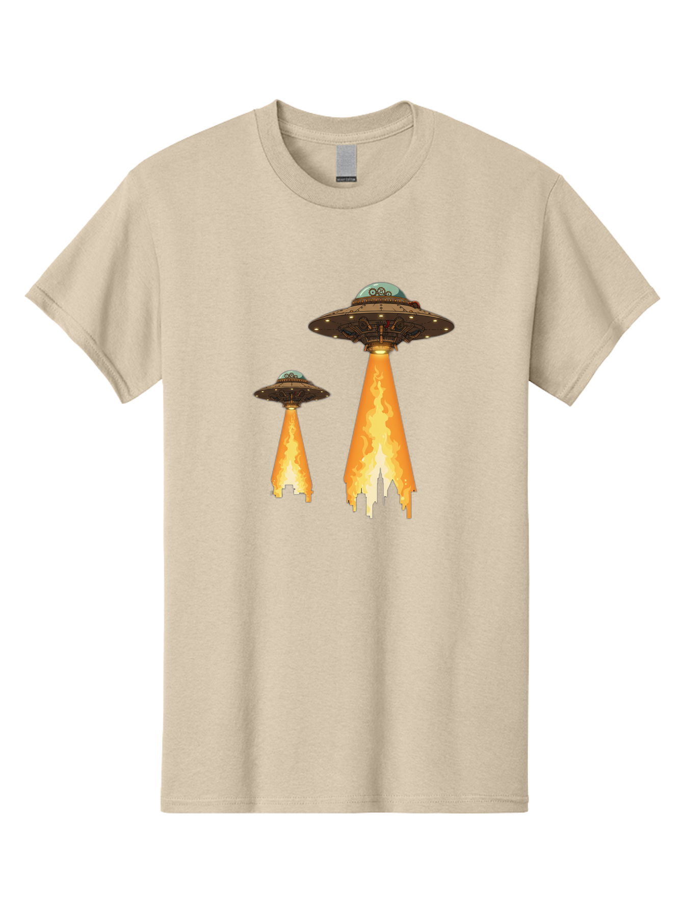 Ufos-Over-City-1 Men'S Graphic Tee, 100% Cotton, Comfortable Casual Summer Wear, Machine Washable, Ufos Hovering Over City, Flying Saucers, Alien Invasion, Extraterrestrial Life, Science Fiction, Futuristic, Cityscape, Mysterious Atmosphere, Bac539