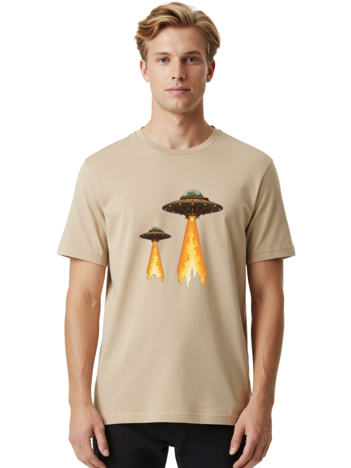 Ufos-Over-City-1 Men'S Graphic Tee, 100% Cotton, Comfortable Casual Summer Wear, Machine Washable, Ufos Hovering Over City, Flying Saucers, Alien Invasion, Extraterrestrial Life, Science Fiction, Futuristic, Cityscape, Mysterious Atmosphere, Bac539