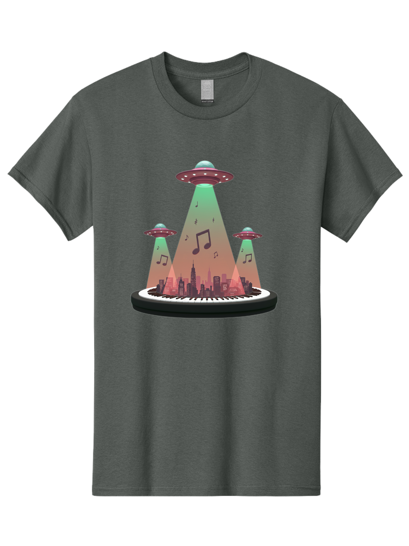 Ufos-Over-City-2 Men'S Graphic Tee, 100% Cotton, Comfortable Casual Summer Wear, Machine Washable, Ufos Hovering Over City, Music Notes, Piano Keyboard, Science Fiction, Futuristic Atmosphere, Extraterrestrial Life, Urban Landscape, Bac540