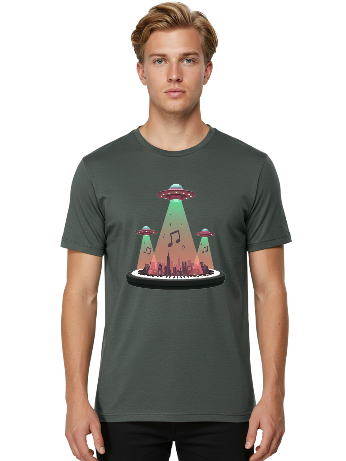 Ufos-Over-City-2 Men'S Graphic Tee, 100% Cotton, Comfortable Casual Summer Wear, Machine Washable, Ufos Hovering Over City, Music Notes, Piano Keyboard, Science Fiction, Futuristic Atmosphere, Extraterrestrial Life, Urban Landscape, Bac540