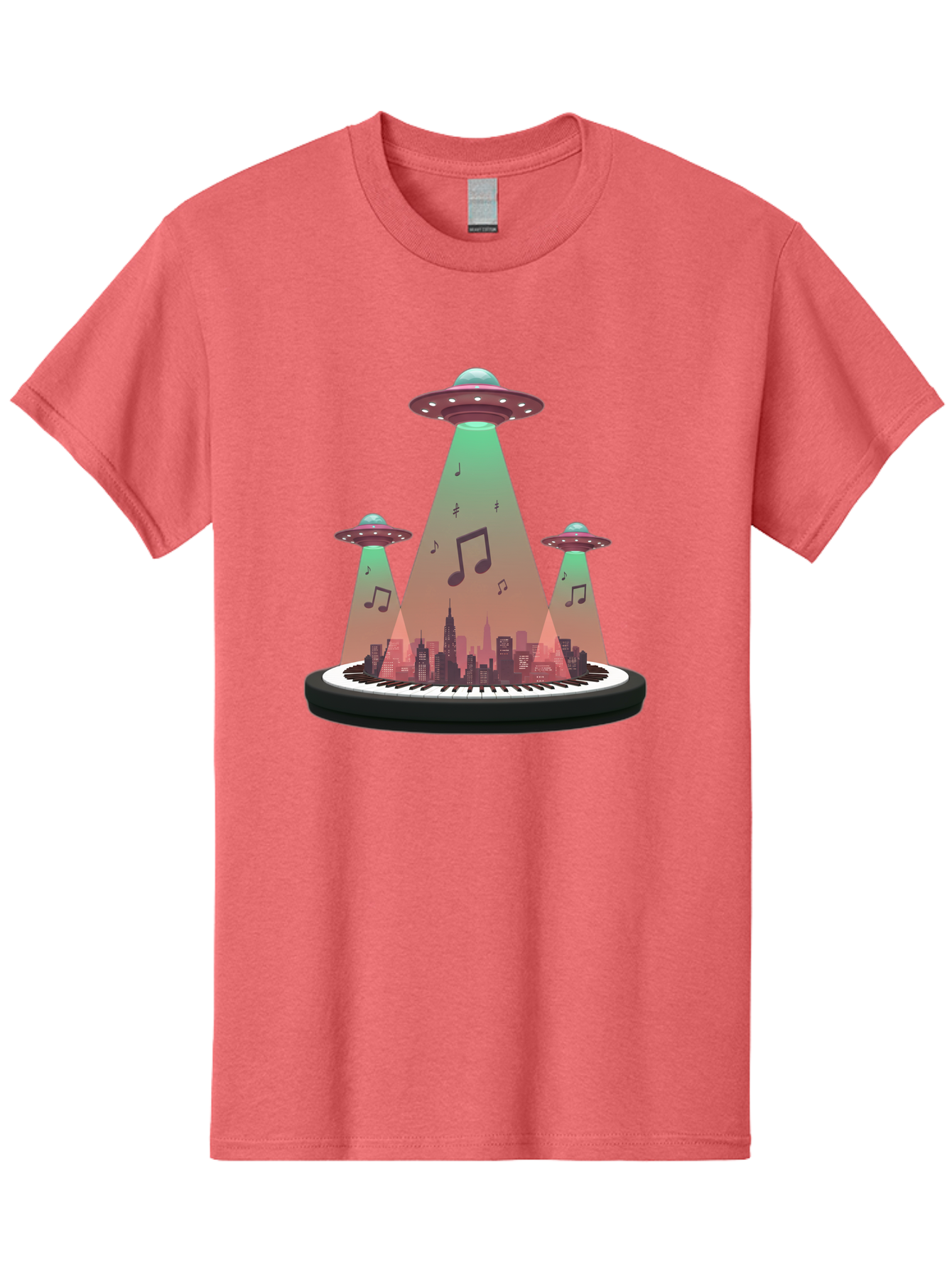 Ufos-Over-City-2 Men'S Graphic Tee, 100% Cotton, Comfortable Casual Summer Wear, Machine Washable, Ufos Hovering Over City, Music Notes, Piano Keyboard, Science Fiction, Futuristic Atmosphere, Extraterrestrial Life, Urban Landscape, Bac540