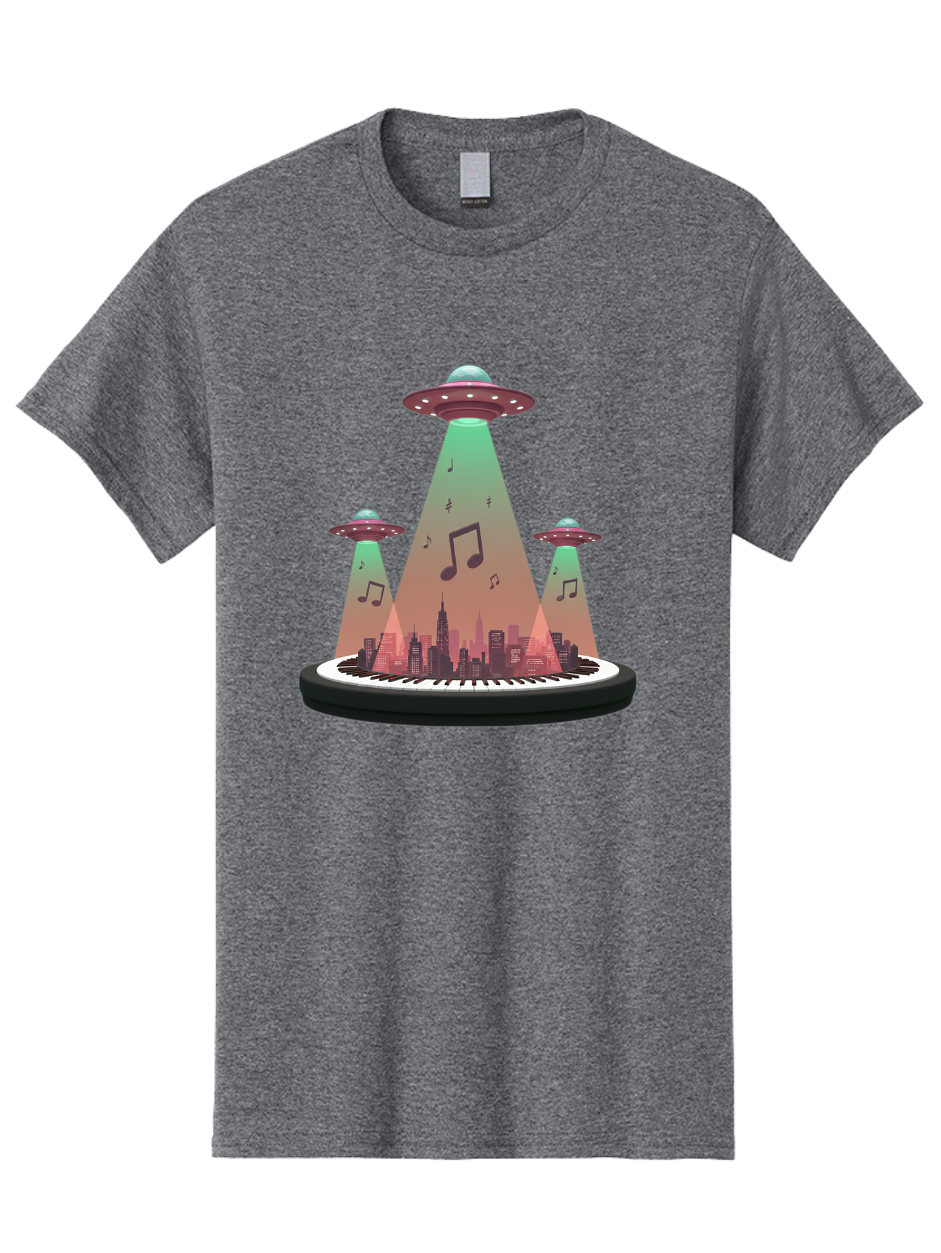 Ufos-Over-City-2 Men'S Graphic Tee, 100% Cotton, Comfortable Casual Summer Wear, Machine Washable, Ufos Hovering Over City, Music Notes, Piano Keyboard, Science Fiction, Futuristic Atmosphere, Extraterrestrial Life, Urban Landscape, Bac540