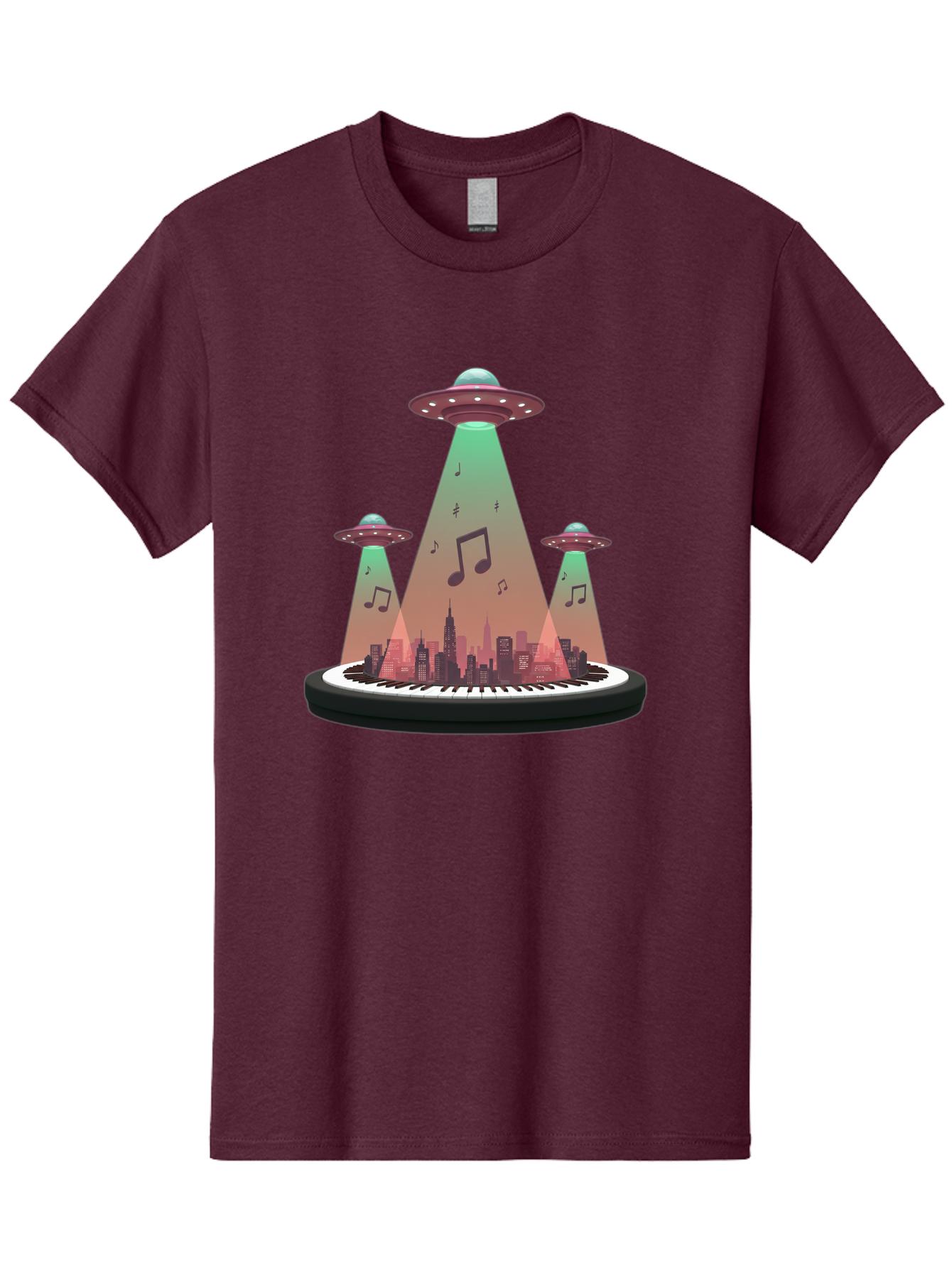Ufos-Over-City-2 Men'S Graphic Tee, 100% Cotton, Comfortable Casual Summer Wear, Machine Washable, Ufos Hovering Over City, Music Notes, Piano Keyboard, Science Fiction, Futuristic Atmosphere, Extraterrestrial Life, Urban Landscape, Bac540