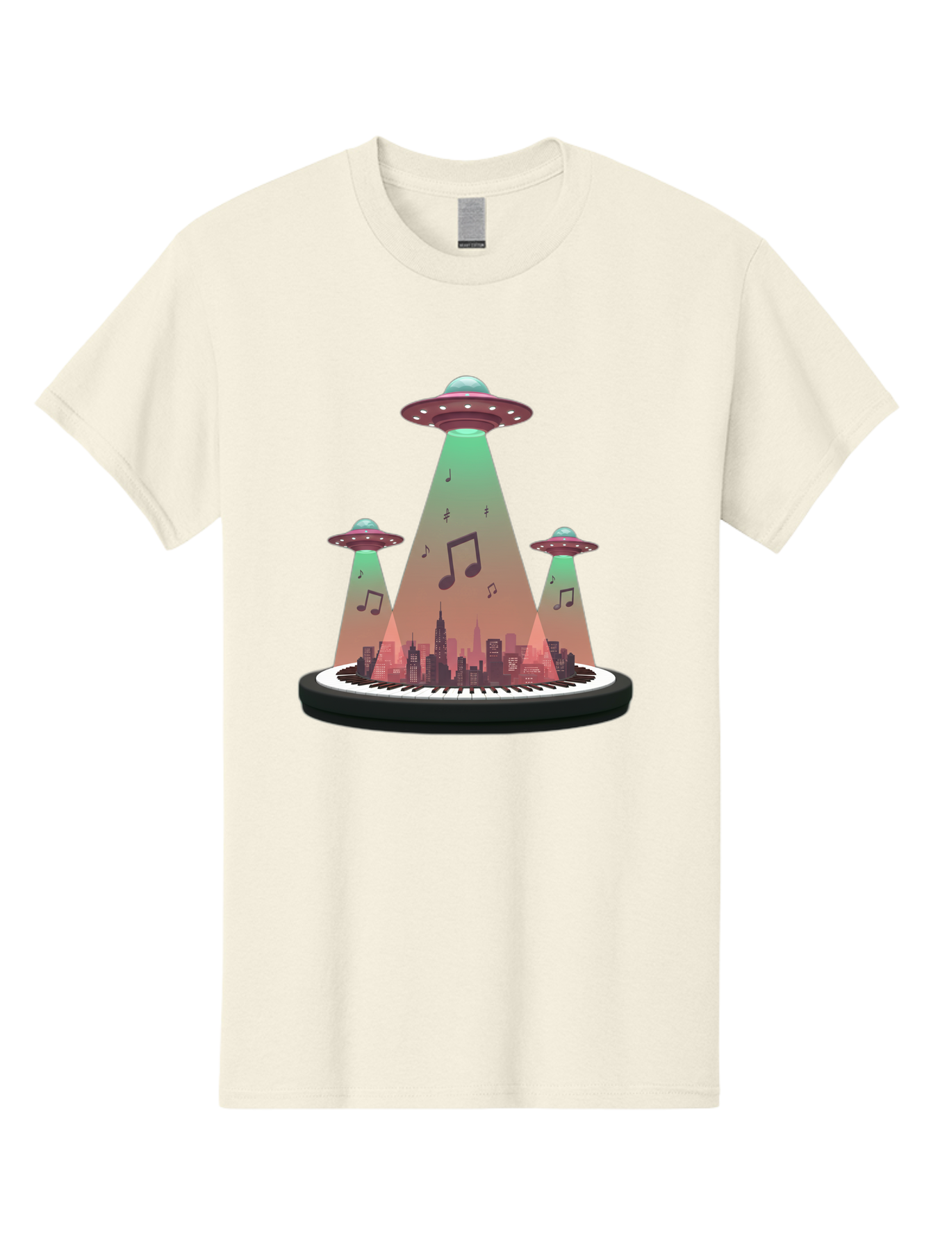 Ufos-Over-City-2 Men'S Graphic Tee, 100% Cotton, Comfortable Casual Summer Wear, Machine Washable, Ufos Hovering Over City, Music Notes, Piano Keyboard, Science Fiction, Futuristic Atmosphere, Extraterrestrial Life, Urban Landscape, Bac540