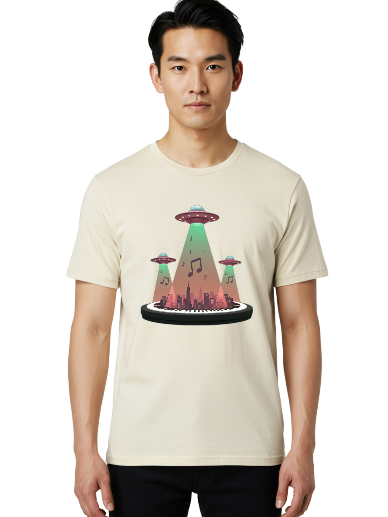 Ufos-Over-City-2 Men'S Graphic Tee, 100% Cotton, Comfortable Casual Summer Wear, Machine Washable, Ufos Hovering Over City, Music Notes, Piano Keyboard, Science Fiction, Futuristic Atmosphere, Extraterrestrial Life, Urban Landscape, Bac540