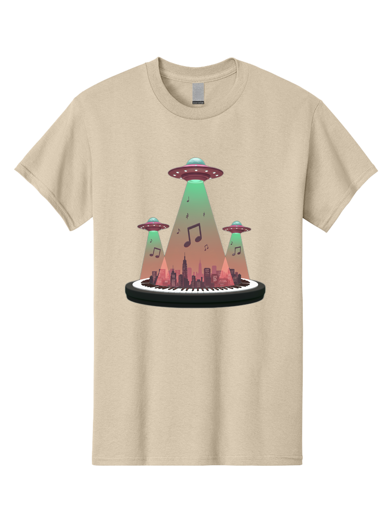 Ufos-Over-City-2 Men'S Graphic Tee, 100% Cotton, Comfortable Casual Summer Wear, Machine Washable, Ufos Hovering Over City, Music Notes, Piano Keyboard, Science Fiction, Futuristic Atmosphere, Extraterrestrial Life, Urban Landscape, Bac540