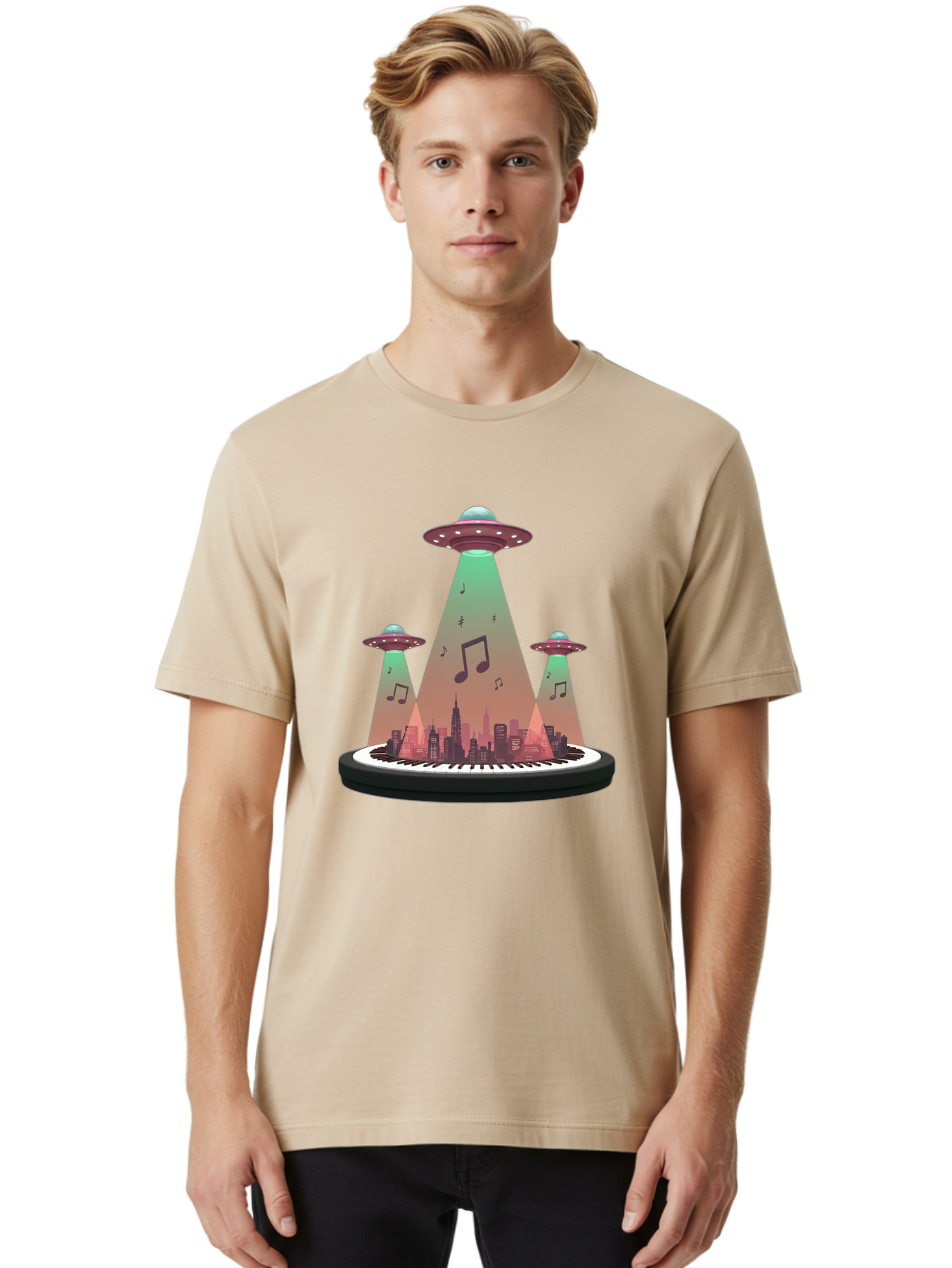 Ufos-Over-City-2 Men'S Graphic Tee, 100% Cotton, Comfortable Casual Summer Wear, Machine Washable, Ufos Hovering Over City, Music Notes, Piano Keyboard, Science Fiction, Futuristic Atmosphere, Extraterrestrial Life, Urban Landscape, Bac540