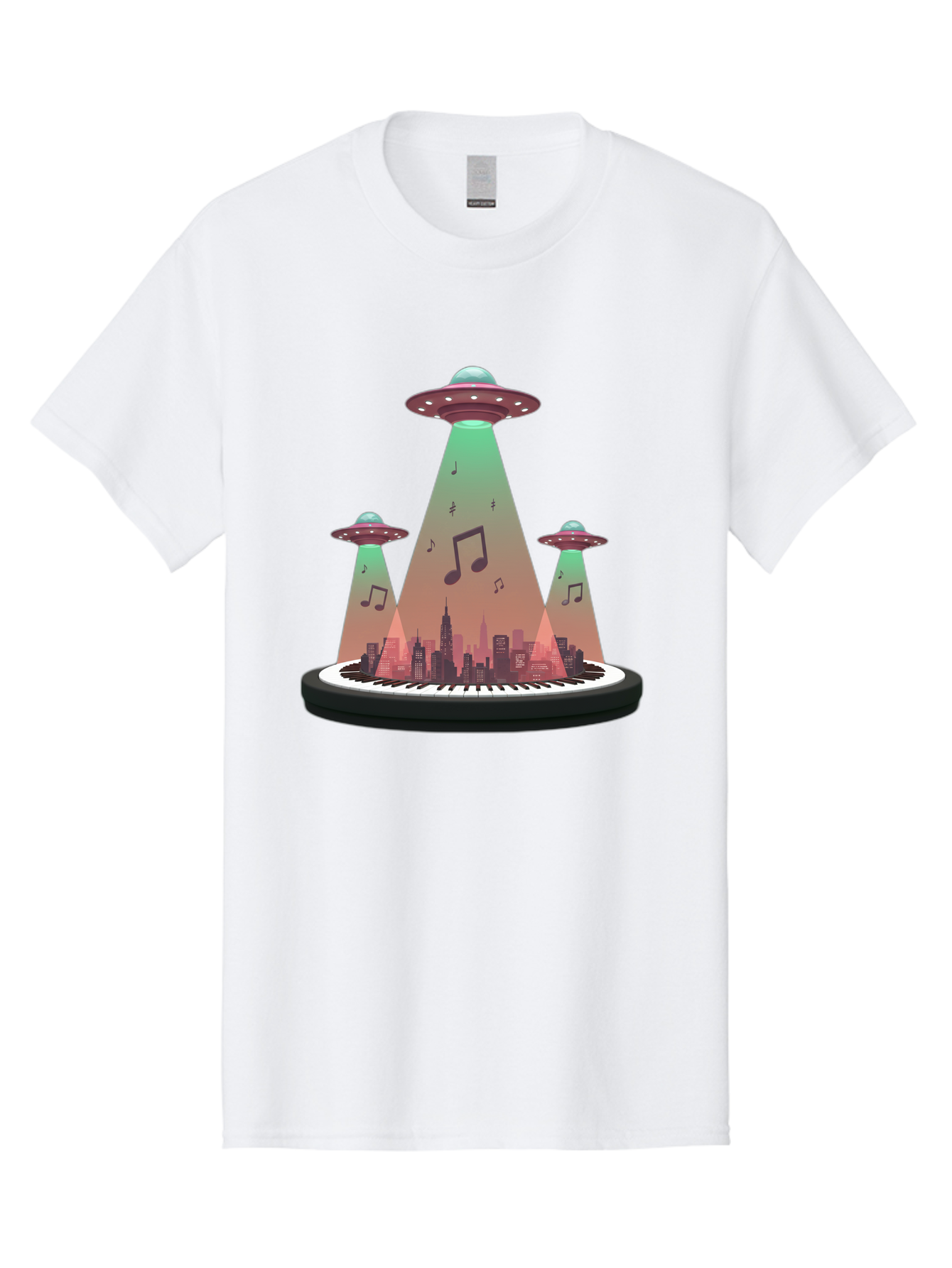 Ufos-Over-City-2 Men'S Graphic Tee, 100% Cotton, Comfortable Casual Summer Wear, Machine Washable, Ufos Hovering Over City, Music Notes, Piano Keyboard, Science Fiction, Futuristic Atmosphere, Extraterrestrial Life, Urban Landscape, Bac540