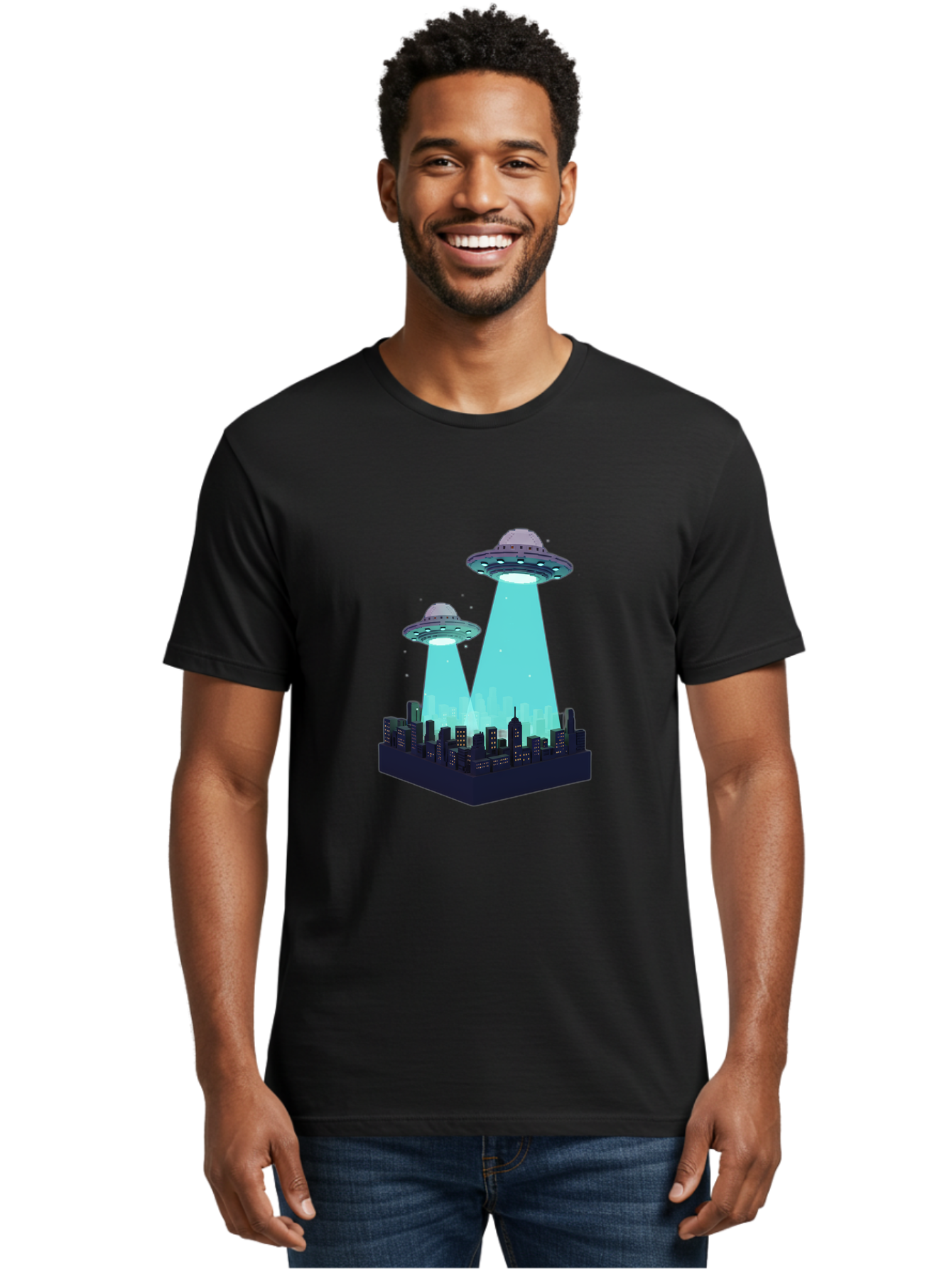 Ufos-Over-City Men'S Graphic Tee, 100% Cotton, Comfortable Casual Summer Wear, Machine Washable, Ufos Over City, Alien Invasion, Science Fiction, Futuristic, Cityscape, Mysterious Lights, Extraterrestrial Activity, Urban Landscape, Bac541