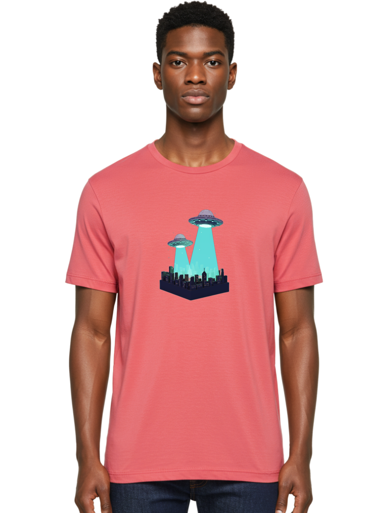 Ufos-Over-City Men'S Graphic Tee, 100% Cotton, Comfortable Casual Summer Wear, Machine Washable, Ufos Over City, Alien Invasion, Science Fiction, Futuristic, Cityscape, Mysterious Lights, Extraterrestrial Activity, Urban Landscape, Bac541