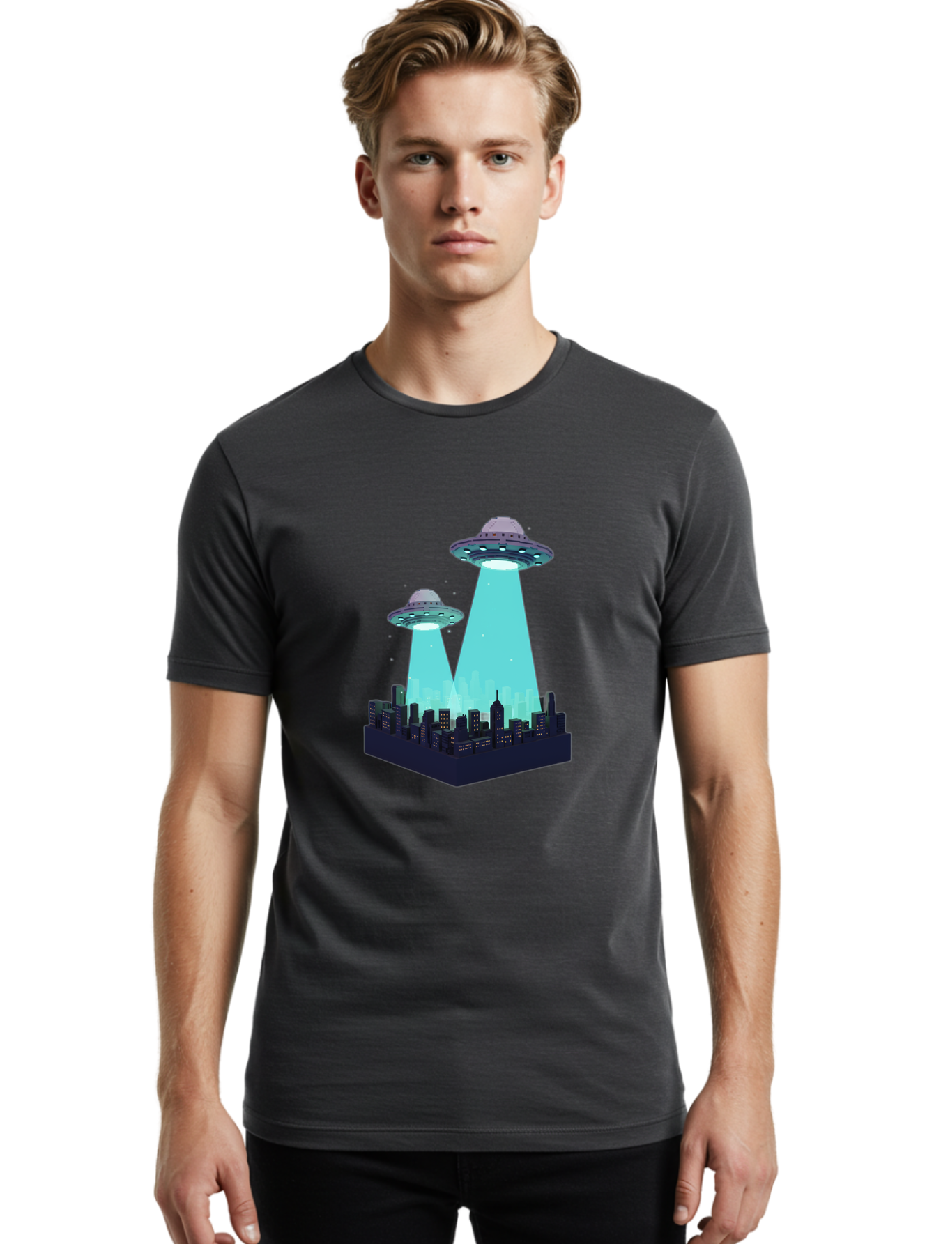 Ufos-Over-City Men'S Graphic Tee, 100% Cotton, Comfortable Casual Summer Wear, Machine Washable, Ufos Over City, Alien Invasion, Science Fiction, Futuristic, Cityscape, Mysterious Lights, Extraterrestrial Activity, Urban Landscape, Bac541