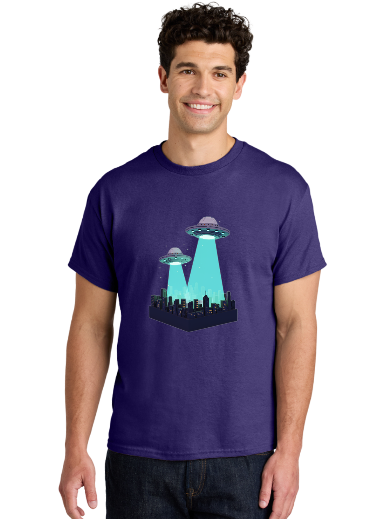 Ufos-Over-City Men'S Graphic Tee, 100% Cotton, Comfortable Casual Summer Wear, Machine Washable, Ufos Over City, Alien Invasion, Science Fiction, Futuristic, Cityscape, Mysterious Lights, Extraterrestrial Activity, Urban Landscape, Bac541
