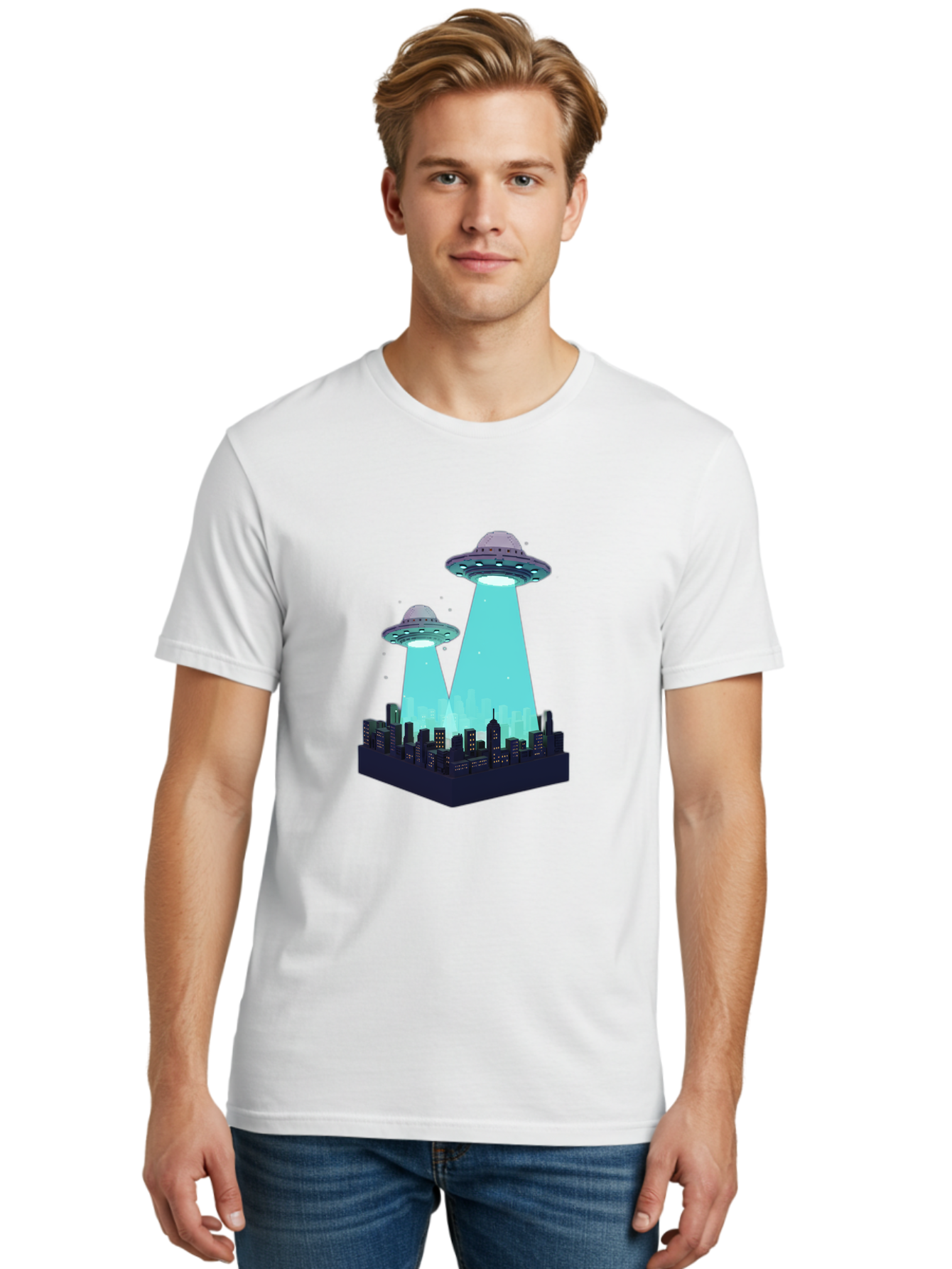 Ufos-Over-City Men'S Graphic Tee, 100% Cotton, Comfortable Casual Summer Wear, Machine Washable, Ufos Over City, Alien Invasion, Science Fiction, Futuristic, Cityscape, Mysterious Lights, Extraterrestrial Activity, Urban Landscape, Bac541