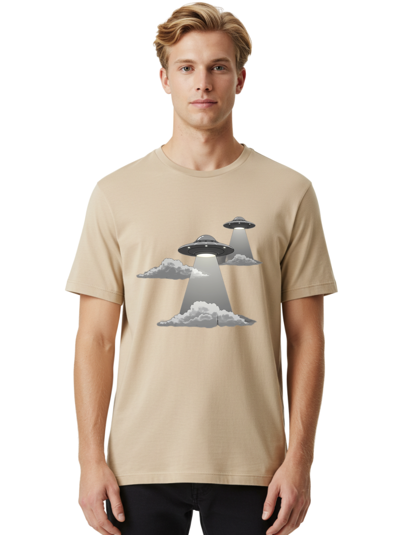 Ufos Men'S Graphic Tee, 100% Cotton, Comfortable Casual Summer Wear, Machine Washable, Ufo Invasion, Alien Spacecraft, Flying Saucers, Mysterious Lights, Cloudy Atmosphere, Science Fiction, Extraterrestrial, Paranormal Activity, Bac542