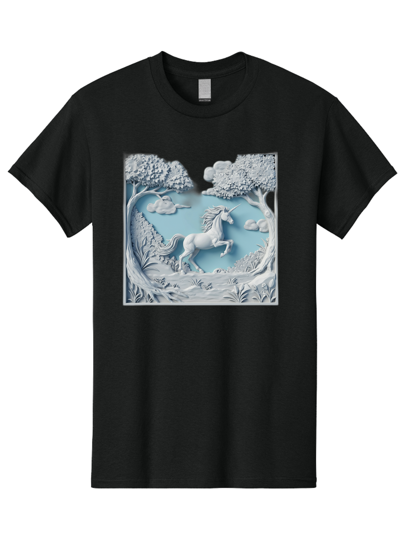 Unicorn Men'S Graphic Tee, 100% Cotton, Comfortable Casual Summer Wear, Machine Washable, Unicorn Running, Mythical Creatures, 3D Art, Fantasy Animals, Magical Realism, White Unicorn, Serene Landscape, Trees, Clouds, Whimsical Scene, Bac543