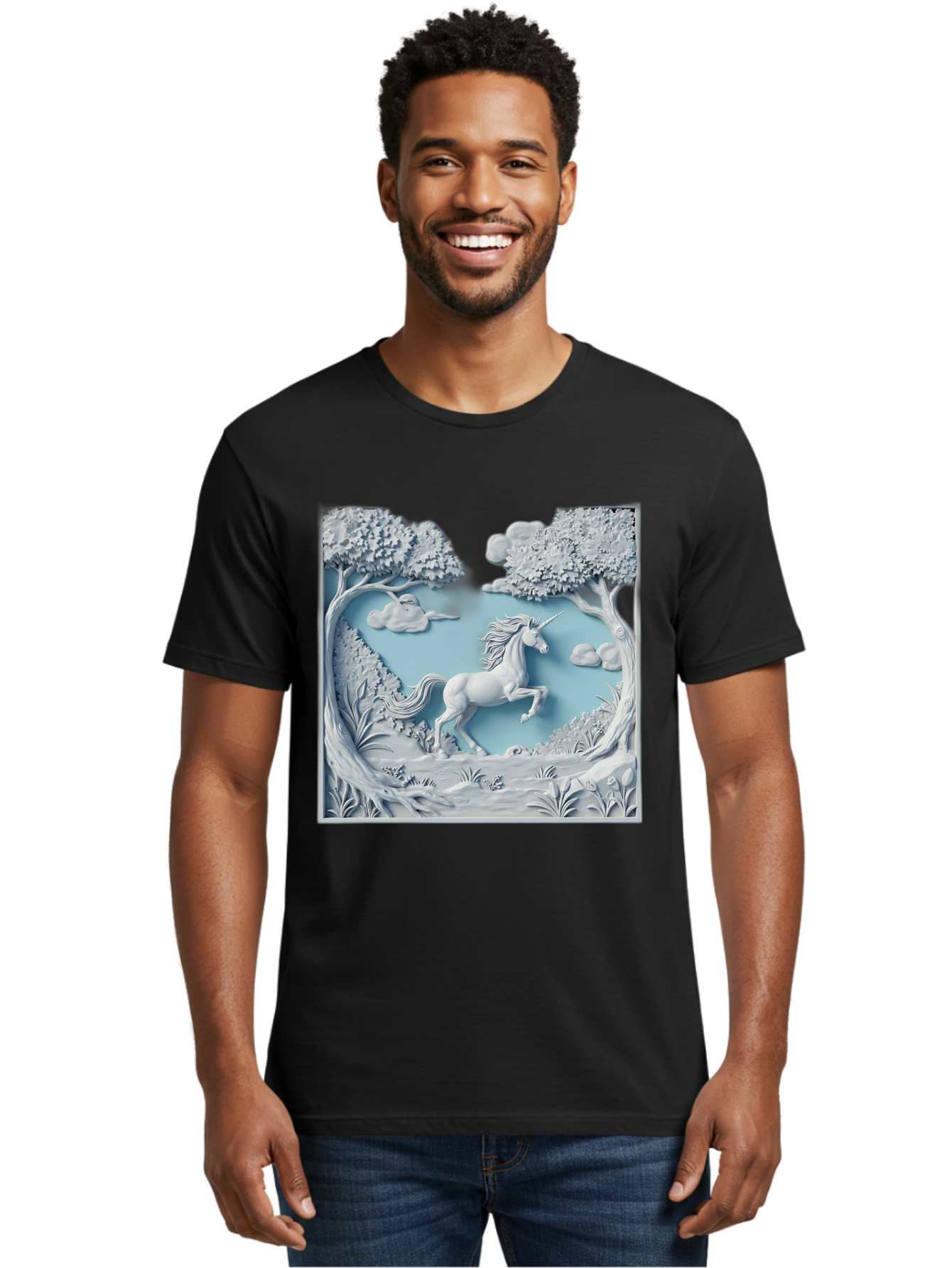 Unicorn Men'S Graphic Tee, 100% Cotton, Comfortable Casual Summer Wear, Machine Washable, Unicorn Running, Mythical Creatures, 3D Art, Fantasy Animals, Magical Realism, White Unicorn, Serene Landscape, Trees, Clouds, Whimsical Scene, Bac543