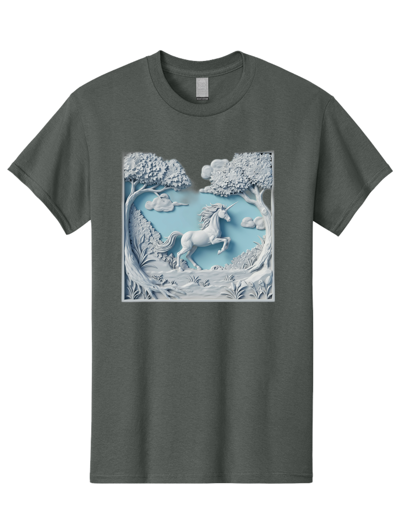 Unicorn Men'S Graphic Tee, 100% Cotton, Comfortable Casual Summer Wear, Machine Washable, Unicorn Running, Mythical Creatures, 3D Art, Fantasy Animals, Magical Realism, White Unicorn, Serene Landscape, Trees, Clouds, Whimsical Scene, Bac543