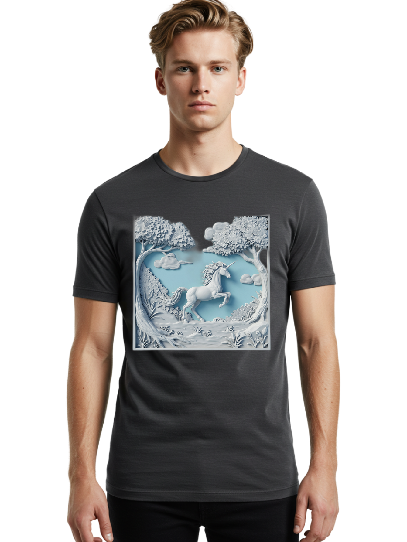 Unicorn Men'S Graphic Tee, 100% Cotton, Comfortable Casual Summer Wear, Machine Washable, Unicorn Running, Mythical Creatures, 3D Art, Fantasy Animals, Magical Realism, White Unicorn, Serene Landscape, Trees, Clouds, Whimsical Scene, Bac543