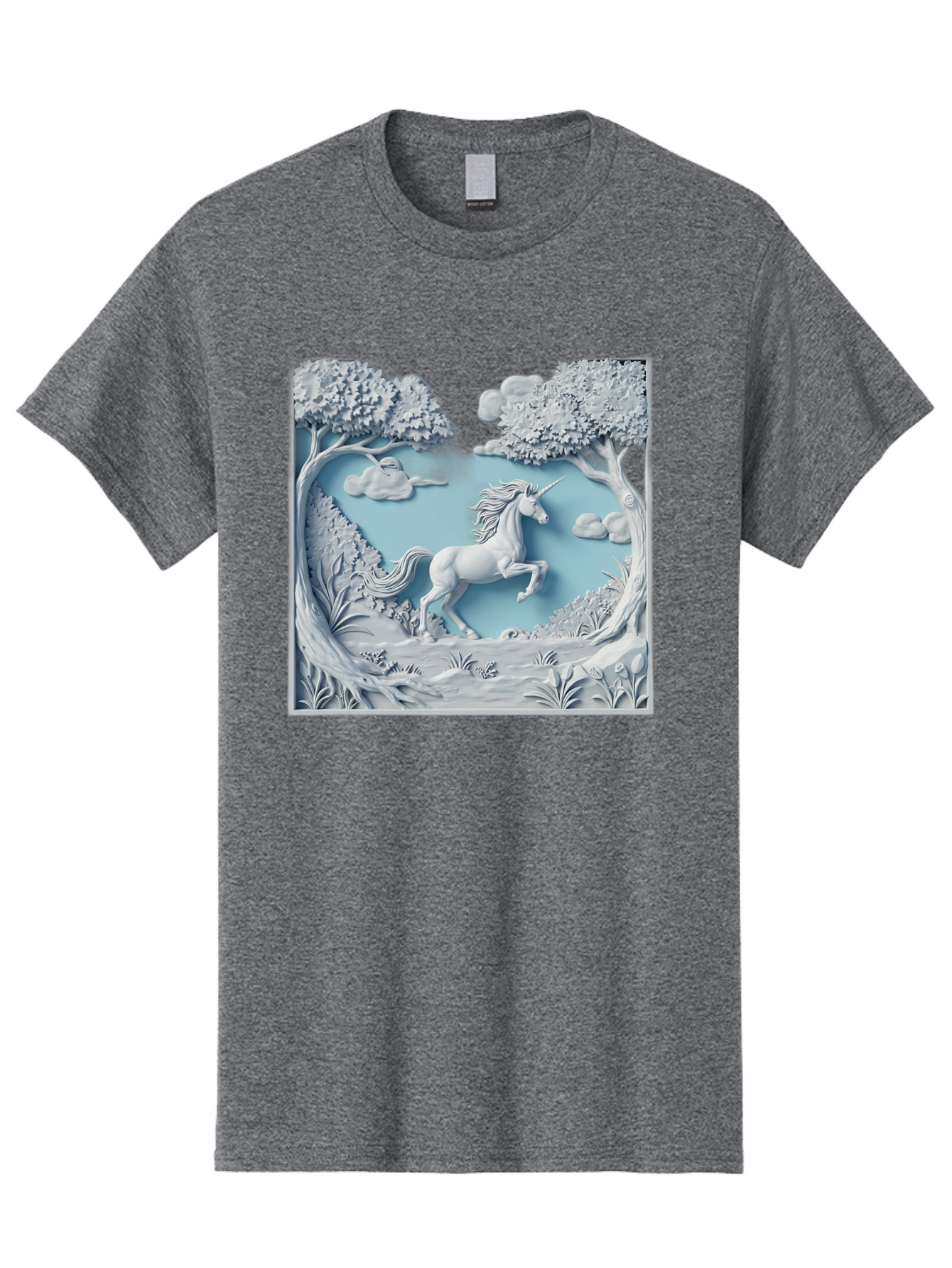 Unicorn Men'S Graphic Tee, 100% Cotton, Comfortable Casual Summer Wear, Machine Washable, Unicorn Running, Mythical Creatures, 3D Art, Fantasy Animals, Magical Realism, White Unicorn, Serene Landscape, Trees, Clouds, Whimsical Scene, Bac543