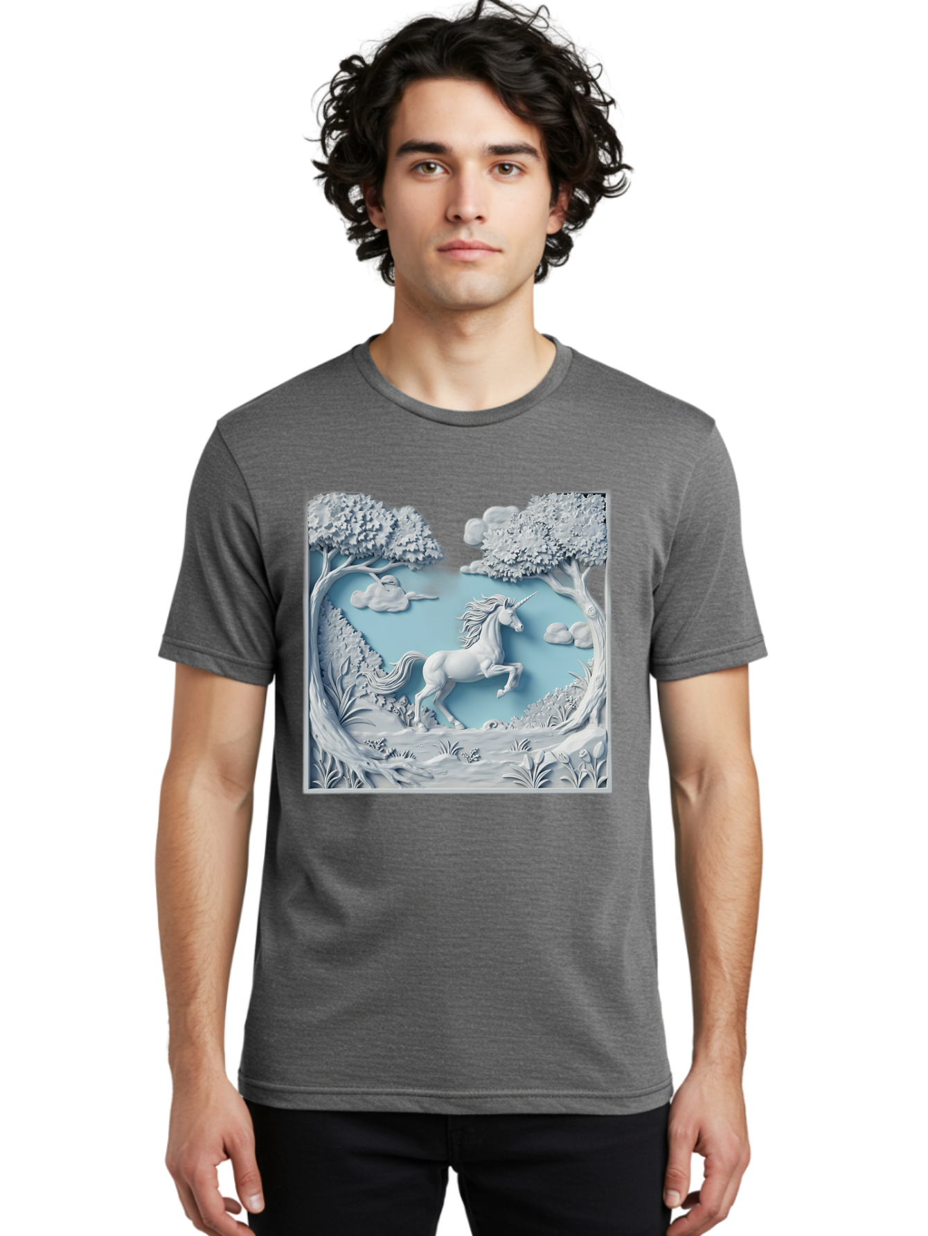 Unicorn Men'S Graphic Tee, 100% Cotton, Comfortable Casual Summer Wear, Machine Washable, Unicorn Running, Mythical Creatures, 3D Art, Fantasy Animals, Magical Realism, White Unicorn, Serene Landscape, Trees, Clouds, Whimsical Scene, Bac543