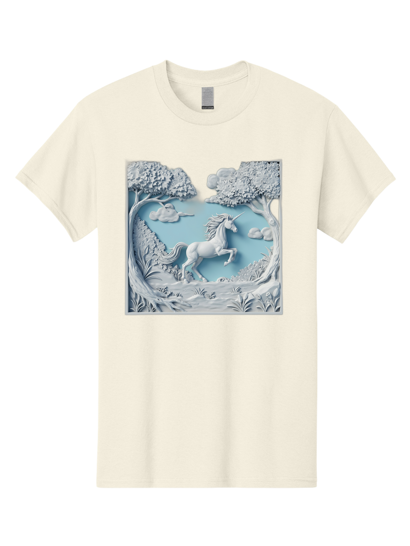 Unicorn Men'S Graphic Tee, 100% Cotton, Comfortable Casual Summer Wear, Machine Washable, Unicorn Running, Mythical Creatures, 3D Art, Fantasy Animals, Magical Realism, White Unicorn, Serene Landscape, Trees, Clouds, Whimsical Scene, Bac543