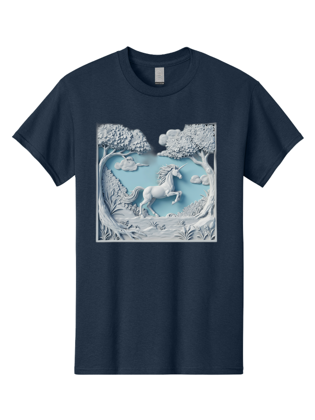 Unicorn Men'S Graphic Tee, 100% Cotton, Comfortable Casual Summer Wear, Machine Washable, Unicorn Running, Mythical Creatures, 3D Art, Fantasy Animals, Magical Realism, White Unicorn, Serene Landscape, Trees, Clouds, Whimsical Scene, Bac543
