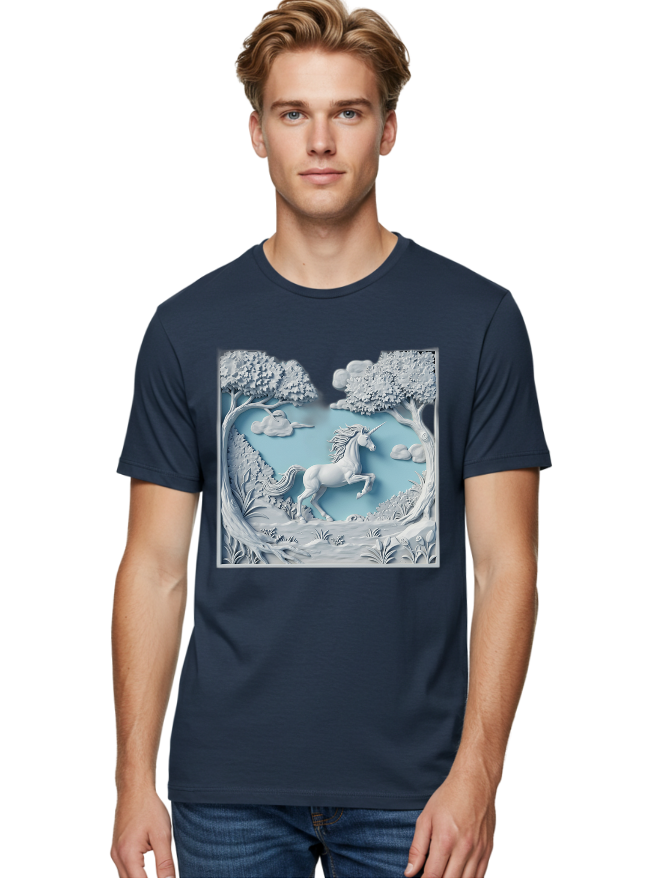 Unicorn Men'S Graphic Tee, 100% Cotton, Comfortable Casual Summer Wear, Machine Washable, Unicorn Running, Mythical Creatures, 3D Art, Fantasy Animals, Magical Realism, White Unicorn, Serene Landscape, Trees, Clouds, Whimsical Scene, Bac543