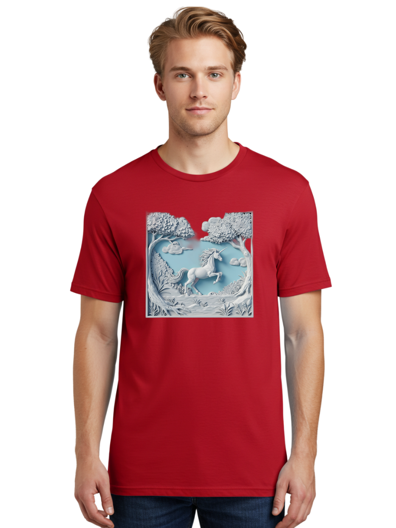 Unicorn Men'S Graphic Tee, 100% Cotton, Comfortable Casual Summer Wear, Machine Washable, Unicorn Running, Mythical Creatures, 3D Art, Fantasy Animals, Magical Realism, White Unicorn, Serene Landscape, Trees, Clouds, Whimsical Scene, Bac543