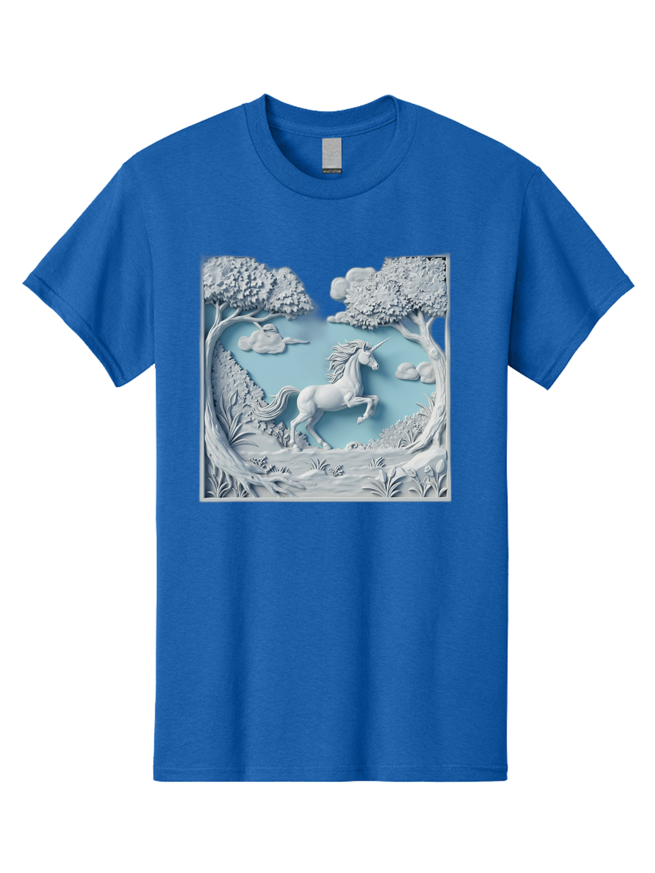 Unicorn Men'S Graphic Tee, 100% Cotton, Comfortable Casual Summer Wear, Machine Washable, Unicorn Running, Mythical Creatures, 3D Art, Fantasy Animals, Magical Realism, White Unicorn, Serene Landscape, Trees, Clouds, Whimsical Scene, Bac543