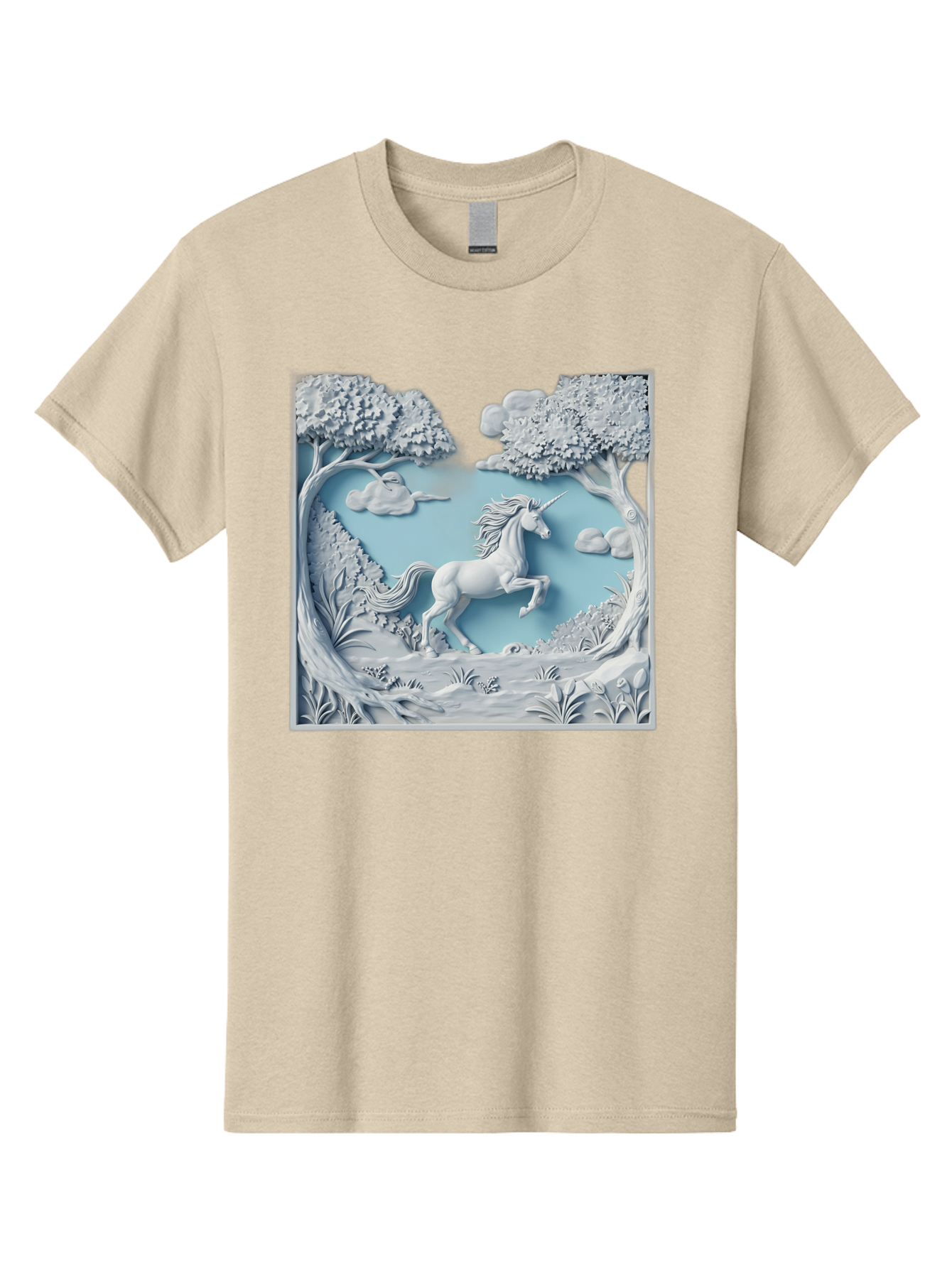 Unicorn Men'S Graphic Tee, 100% Cotton, Comfortable Casual Summer Wear, Machine Washable, Unicorn Running, Mythical Creatures, 3D Art, Fantasy Animals, Magical Realism, White Unicorn, Serene Landscape, Trees, Clouds, Whimsical Scene, Bac543