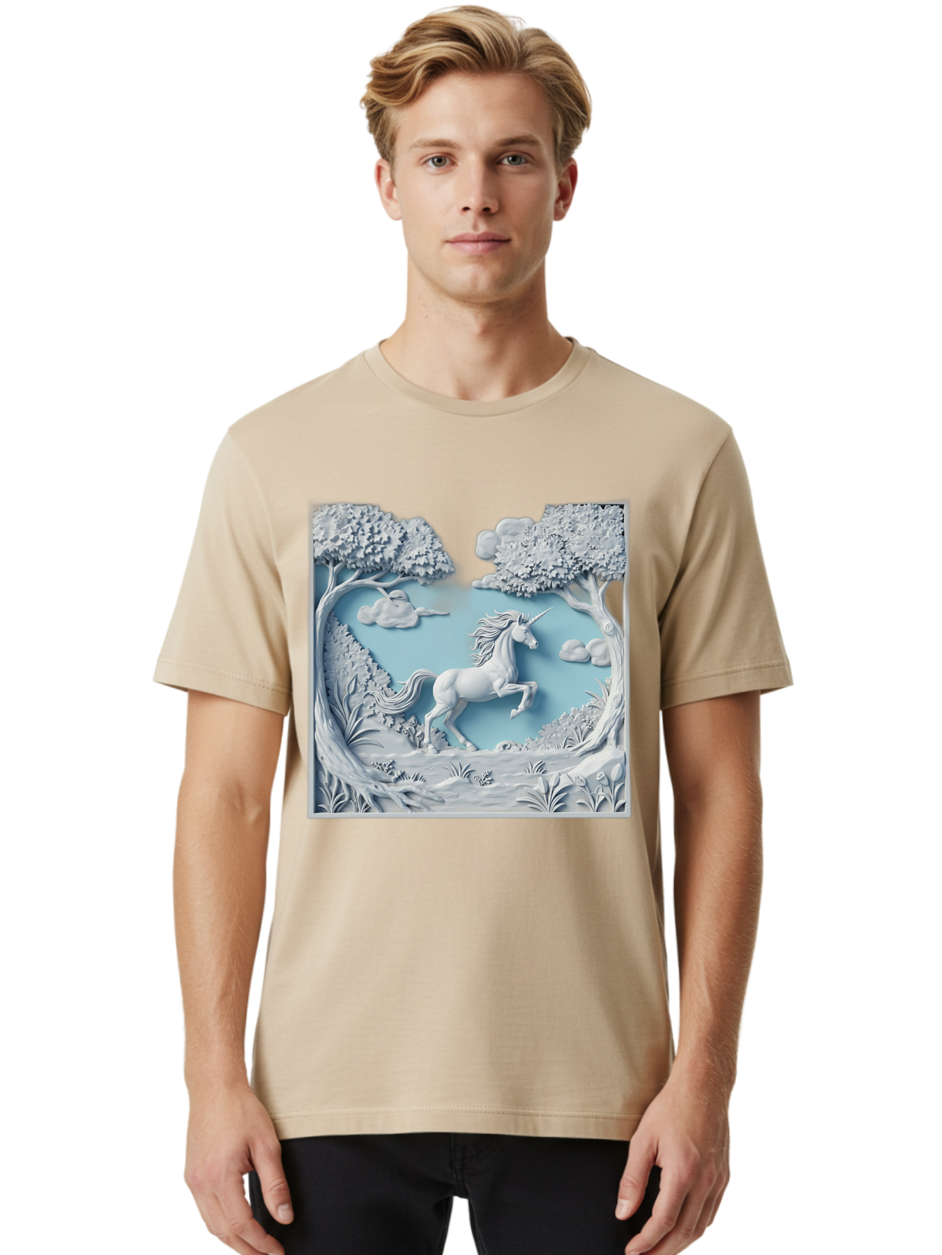 Unicorn Men'S Graphic Tee, 100% Cotton, Comfortable Casual Summer Wear, Machine Washable, Unicorn Running, Mythical Creatures, 3D Art, Fantasy Animals, Magical Realism, White Unicorn, Serene Landscape, Trees, Clouds, Whimsical Scene, Bac543