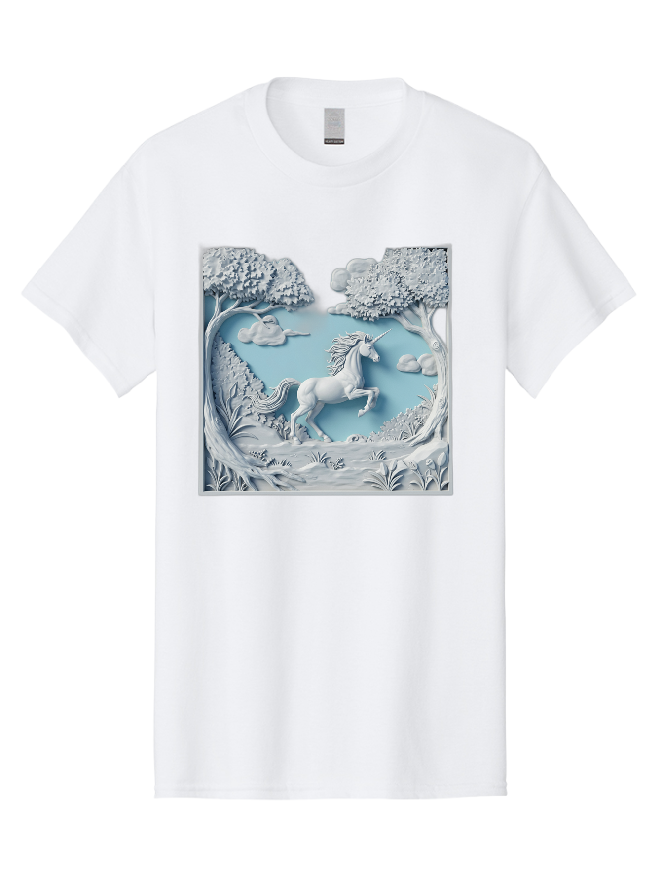Unicorn Men'S Graphic Tee, 100% Cotton, Comfortable Casual Summer Wear, Machine Washable, Unicorn Running, Mythical Creatures, 3D Art, Fantasy Animals, Magical Realism, White Unicorn, Serene Landscape, Trees, Clouds, Whimsical Scene, Bac543