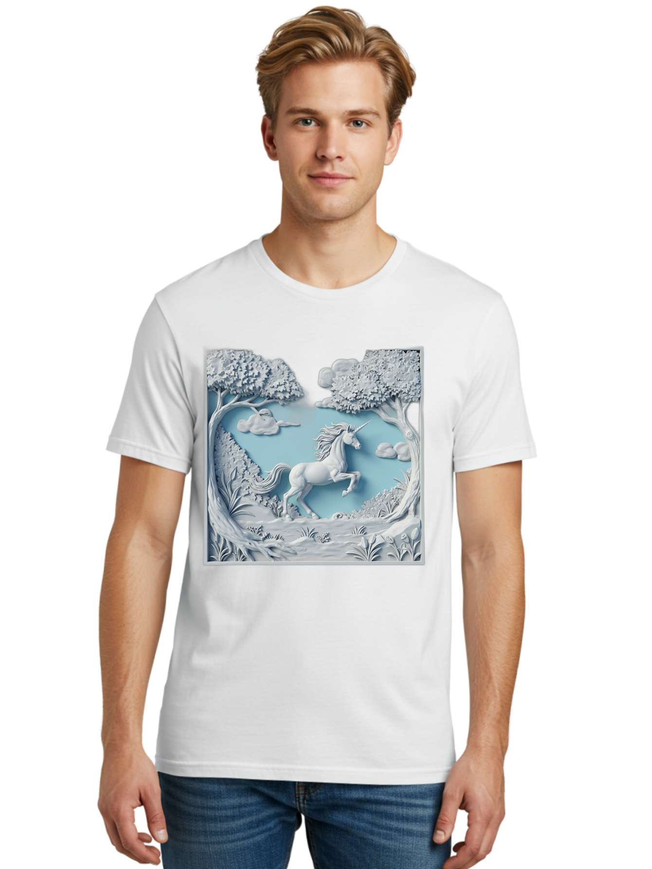 Unicorn Men'S Graphic Tee, 100% Cotton, Comfortable Casual Summer Wear, Machine Washable, Unicorn Running, Mythical Creatures, 3D Art, Fantasy Animals, Magical Realism, White Unicorn, Serene Landscape, Trees, Clouds, Whimsical Scene, Bac543