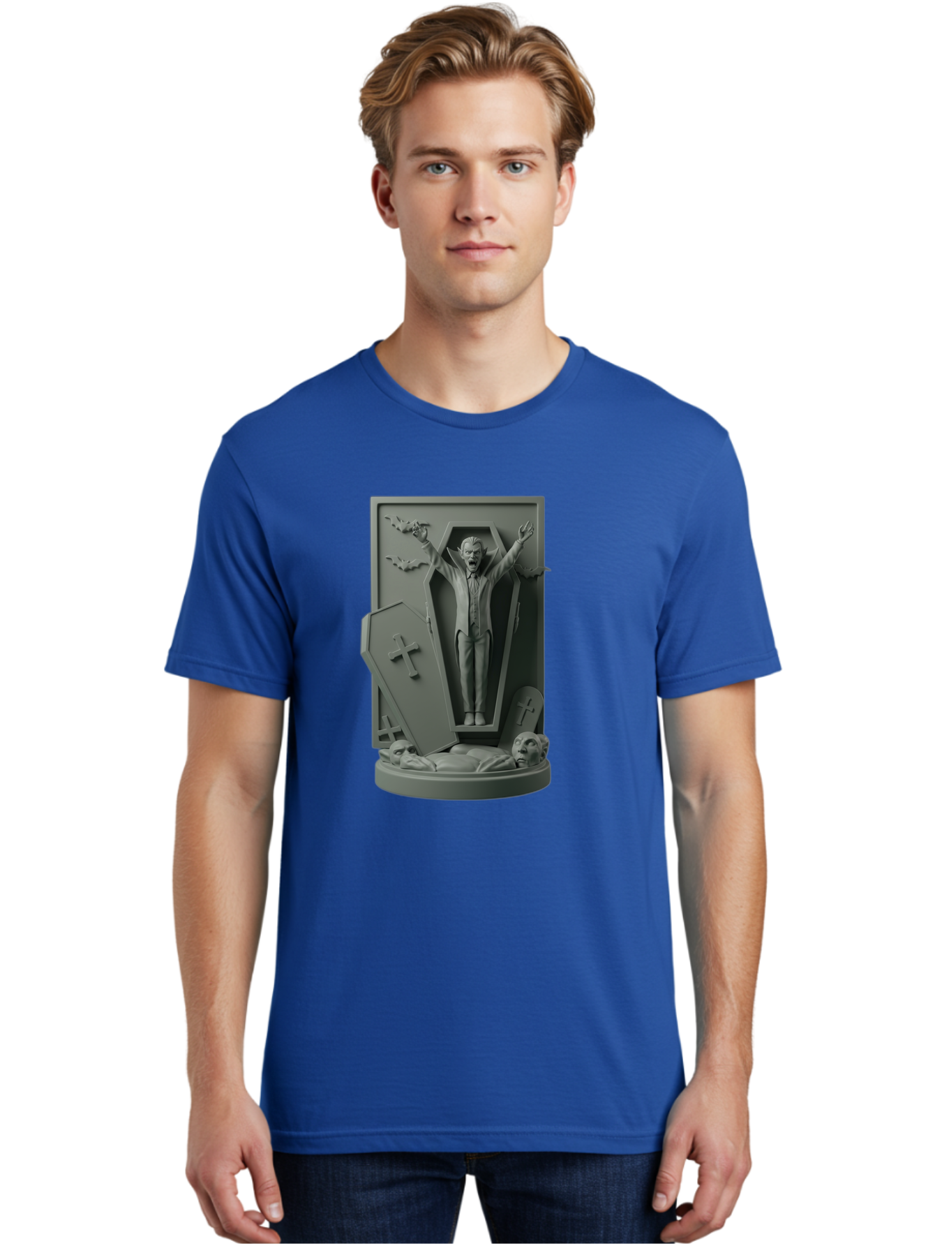 Vampire-Rising Men'S Graphic Tee, 100% Cotton, Comfortable Casual Summer Wear, Machine Washable, Vampire Rising From Coffin, Undead Creature, Horror Theme, Spooky Atmosphere, Bats Flying, Cross Symbol, Undead Rising, Gothic Style, Bac544