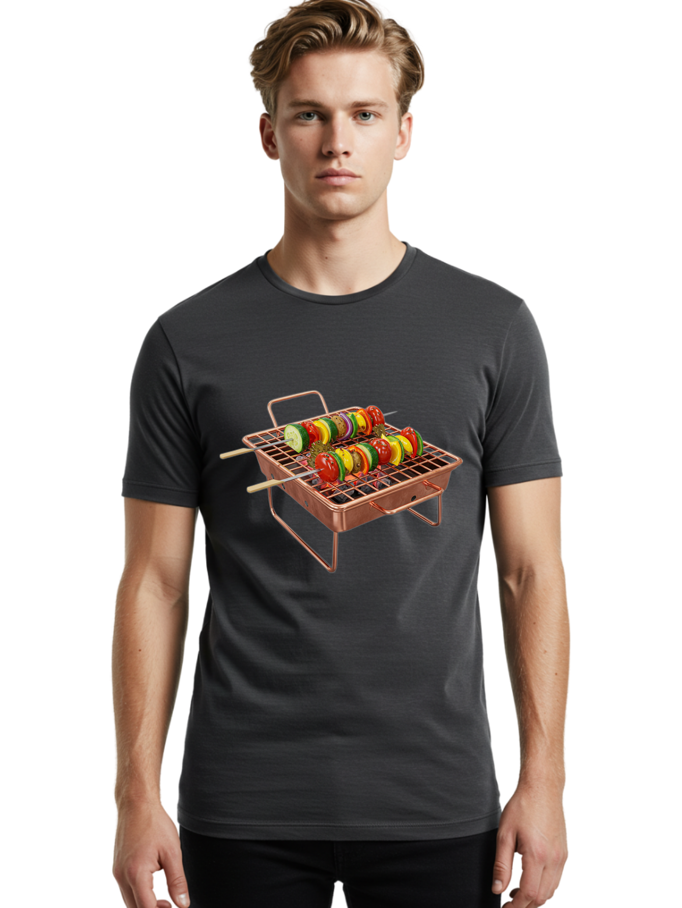 Vegetable-Skewers Men'S Graphic Tee, 100% Cotton, Comfortable Casual Summer Wear, Machine Washable, Grilled Vegetable Skewers, Skewers On Portable Grill, Fresh Vegetables, Outdoor Cooking, Barbecue, Healthy Eating, Vegetable Kebabs, Grilling Bac545