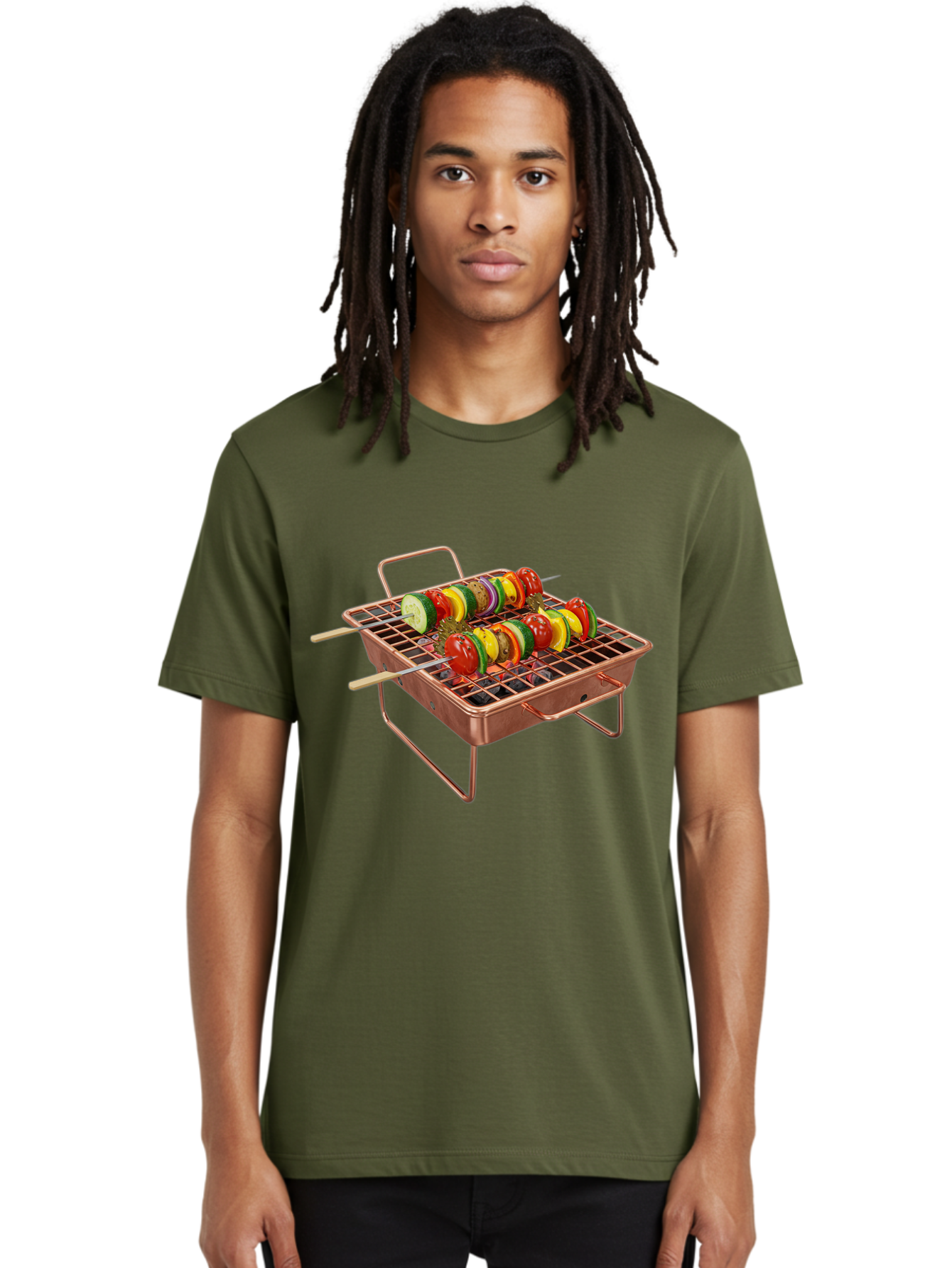 Vegetable-Skewers Men'S Graphic Tee, 100% Cotton, Comfortable Casual Summer Wear, Machine Washable, Grilled Vegetable Skewers, Skewers On Portable Grill, Fresh Vegetables, Outdoor Cooking, Barbecue, Healthy Eating, Vegetable Kebabs, Grilling Bac545
