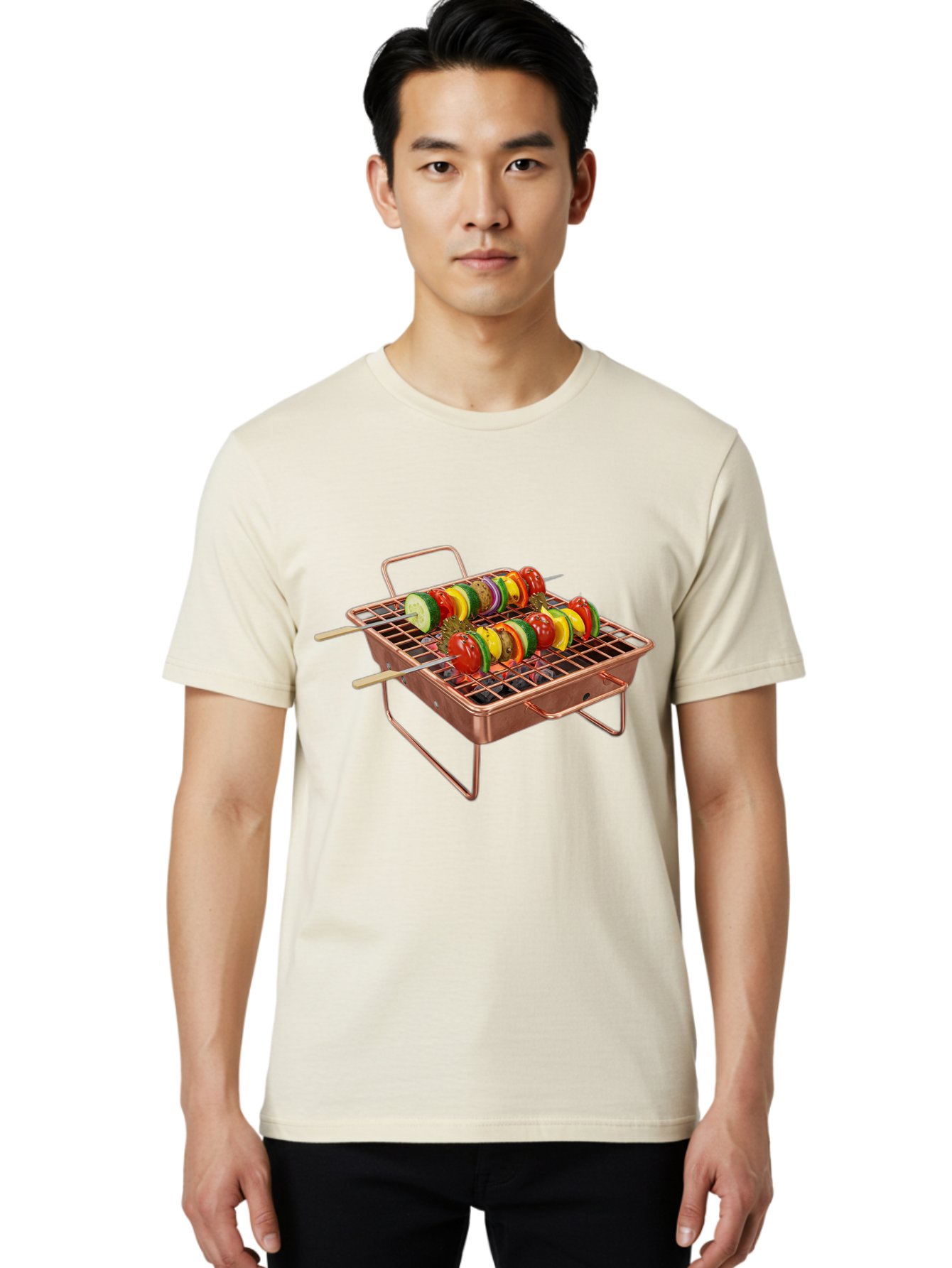 Vegetable-Skewers Men'S Graphic Tee, 100% Cotton, Comfortable Casual Summer Wear, Machine Washable, Grilled Vegetable Skewers, Skewers On Portable Grill, Fresh Vegetables, Outdoor Cooking, Barbecue, Healthy Eating, Vegetable Kebabs, Grilling Bac545
