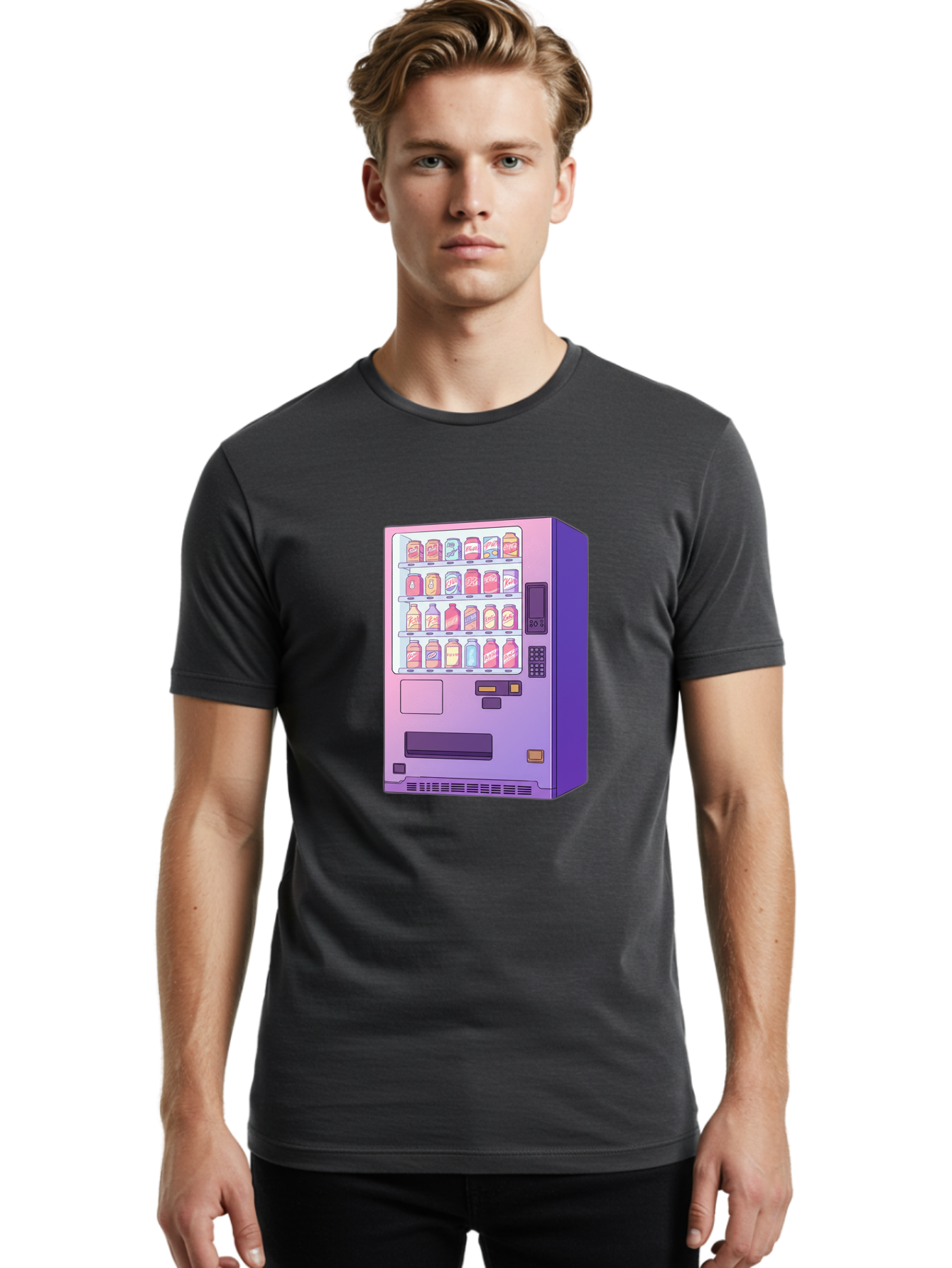 Vending-Machine Men'S Graphic Tee, 100% Cotton, Comfortable Casual Summer Wear, Machine Washable, Vending Machine, Soda Drinks, Colorful Cans, Vending Machine Interface, Automated Retail, Convenience Technology, Soft Drink Dispenser, Bac546