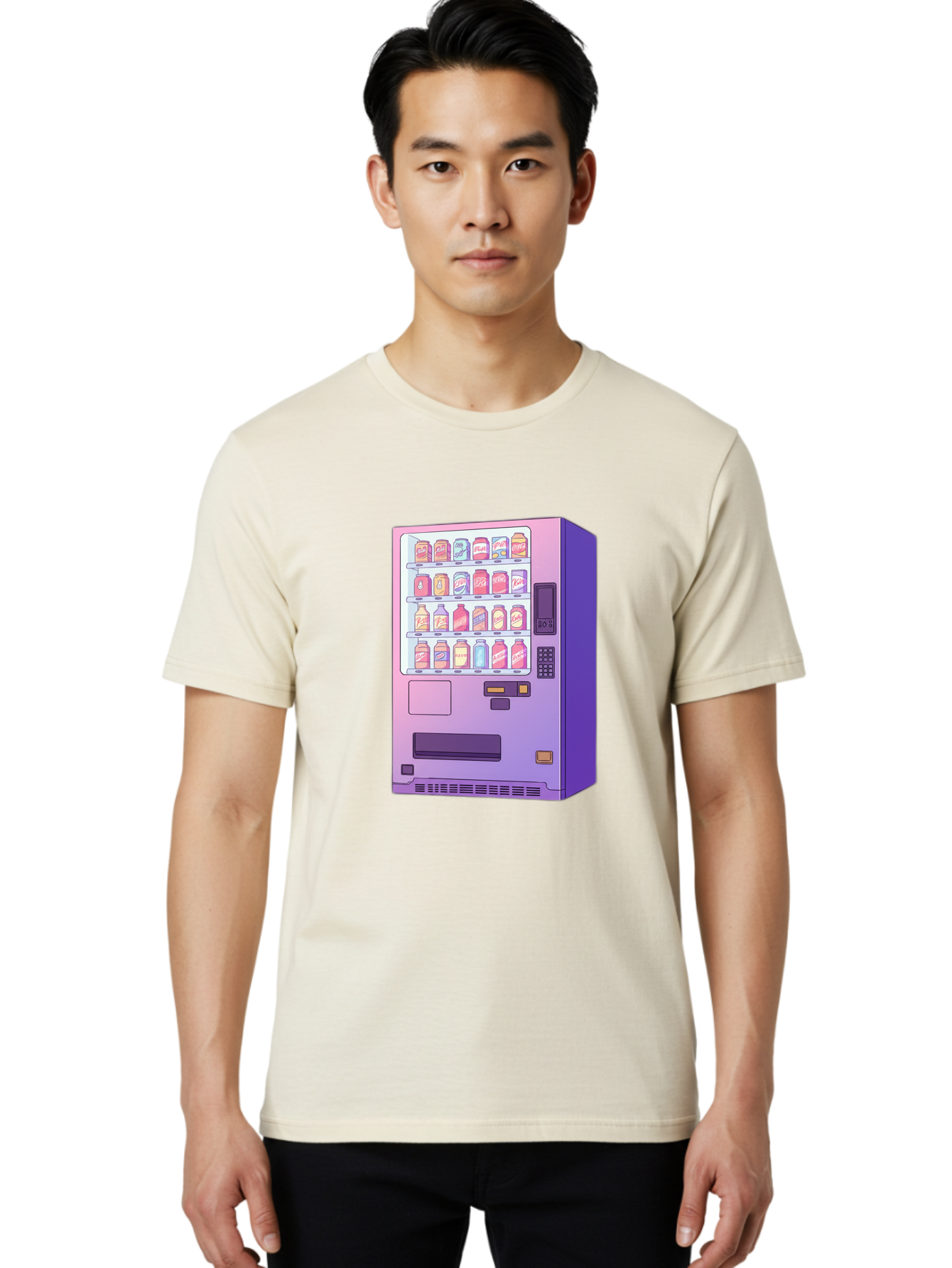 Vending-Machine Men'S Graphic Tee, 100% Cotton, Comfortable Casual Summer Wear, Machine Washable, Vending Machine, Soda Drinks, Colorful Cans, Vending Machine Interface, Automated Retail, Convenience Technology, Soft Drink Dispenser, Bac546