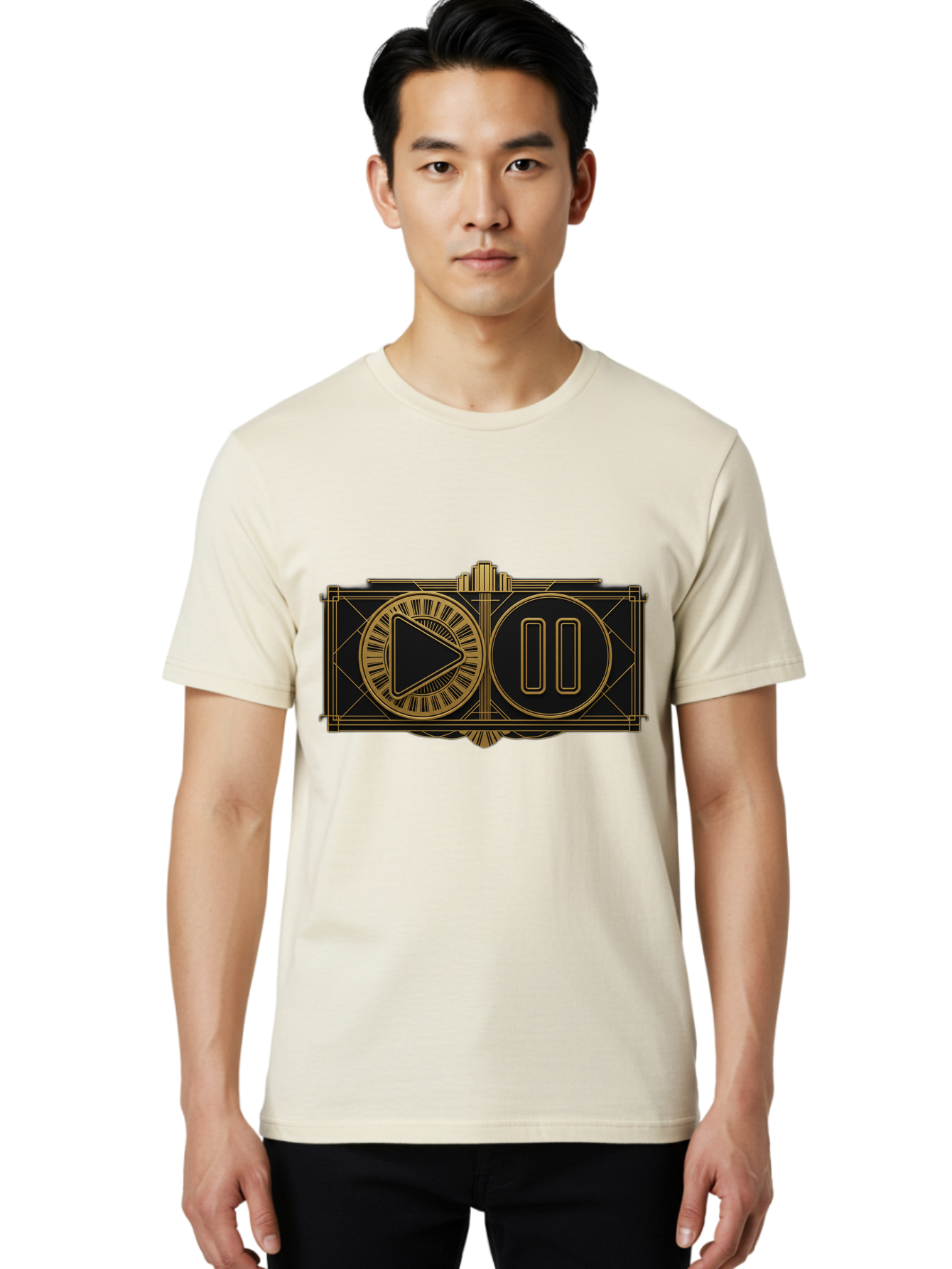 Video-Controls Men'S Graphic Tee, 100% Cotton, Comfortable Casual Summer Wear, Machine Washable, Play Button, Pause Button, Video Controls, Media Player, Gold Accents, Black Background, Modern Design, User Interface, Digital Media Bac547