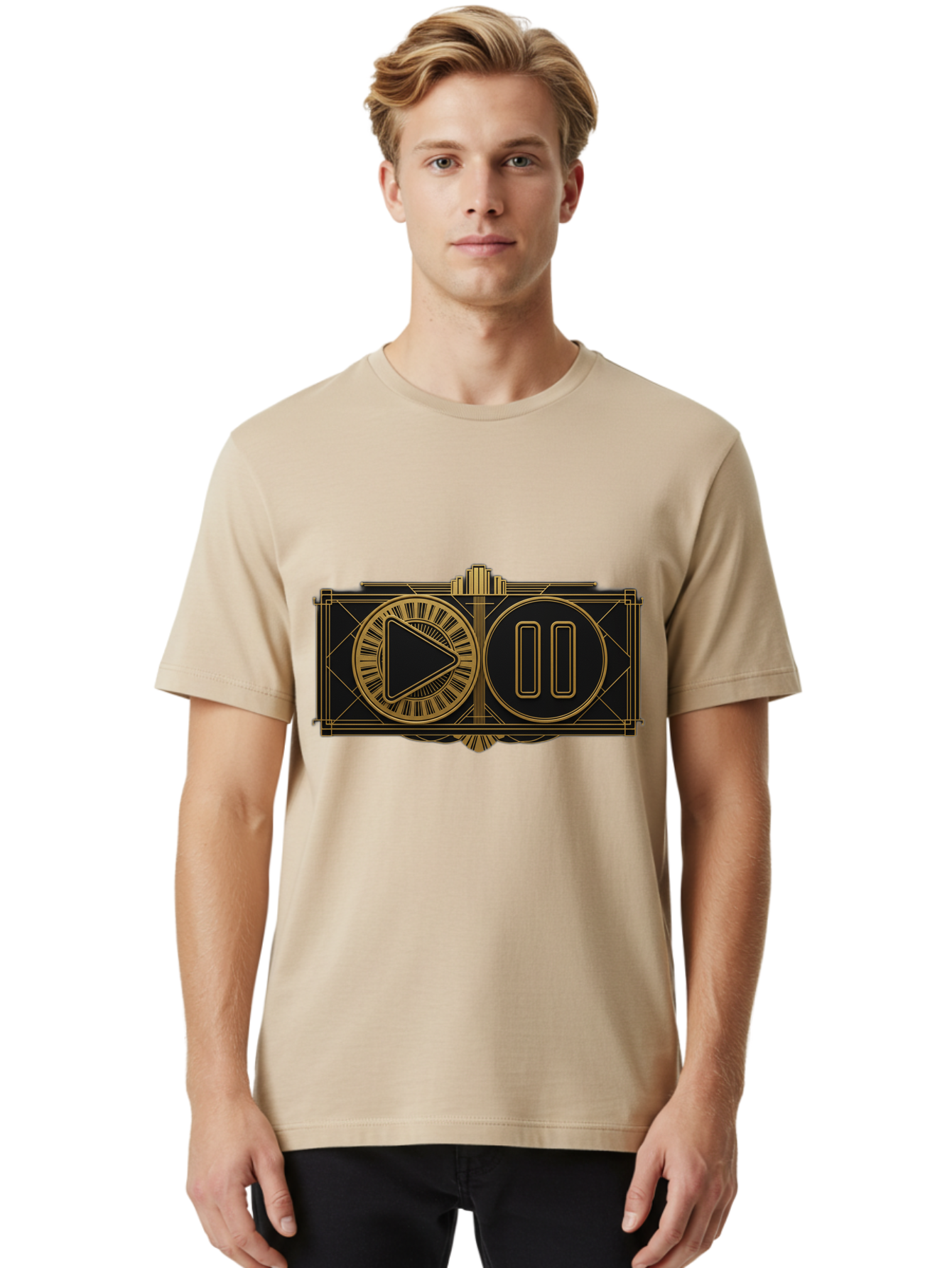 Video-Controls Men'S Graphic Tee, 100% Cotton, Comfortable Casual Summer Wear, Machine Washable, Play Button, Pause Button, Video Controls, Media Player, Gold Accents, Black Background, Modern Design, User Interface, Digital Media Bac547