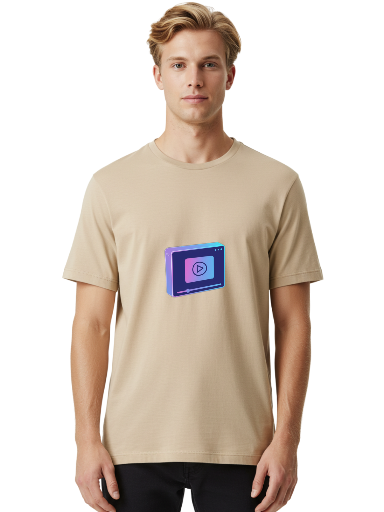 Video-Player Men'S Graphic Tee, 100% Cotton, Comfortable Casual Summer Wear, Machine Washable, Video Player Icon, Play Button, Media Player, Digital Video, Online Streaming, Playback Controls Bac548
