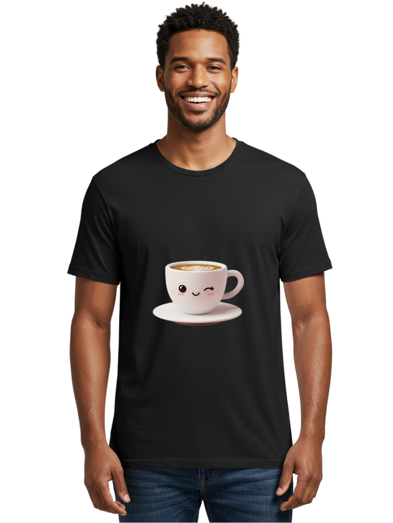 Winking-Coffee-Cup Men'S Graphic Tee, 100% Cotton, Comfortable Casual Summer Wear, Machine Washable, Cute Coffee Cup, Cartoon Character, Coffee Break, Latte Art, Winking Face, Adorable Design, Morning Pick-Me-Up, Coffee Lover, Cozy Vibes Bac553
